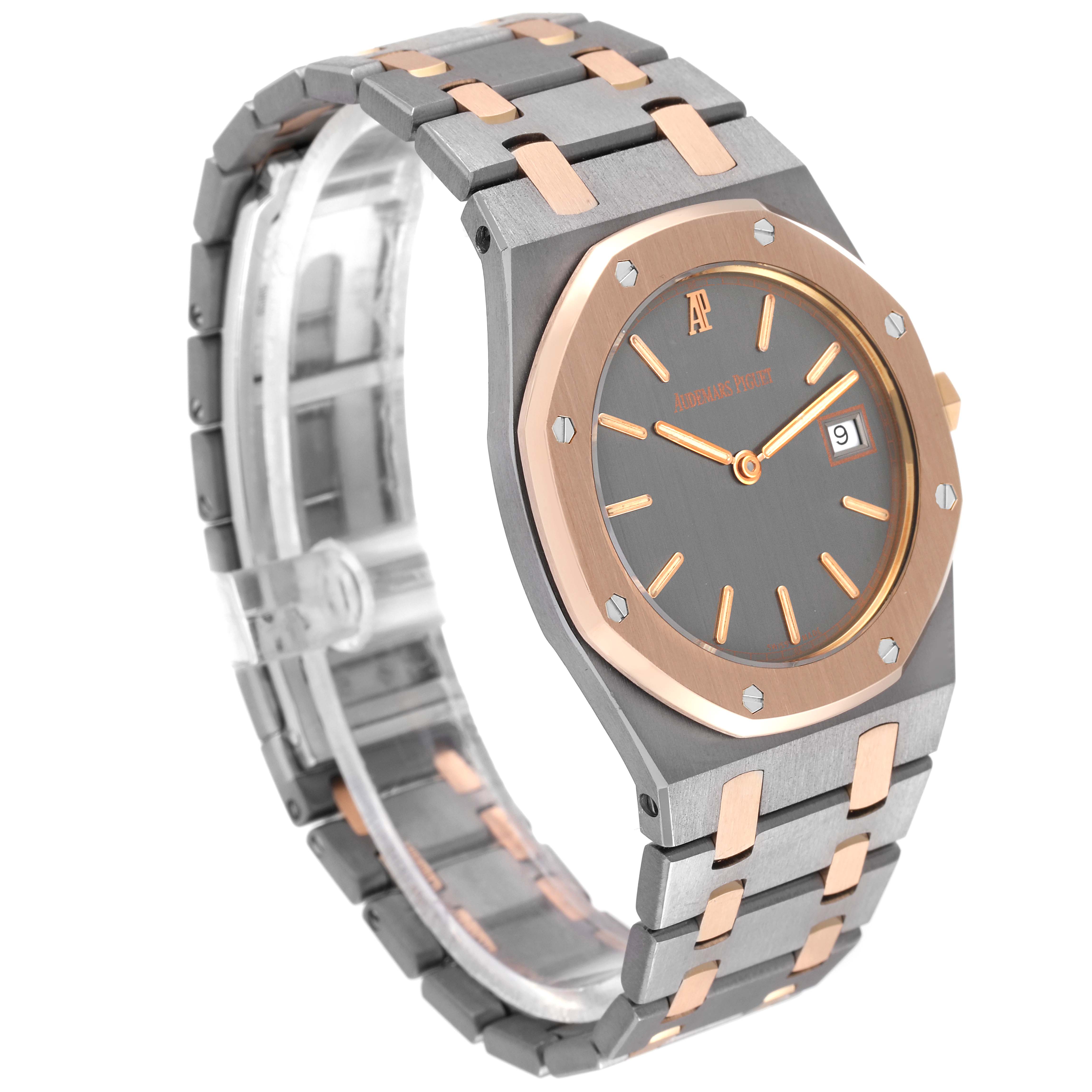 The image shows a side and front angle of the Audemars Piguet Royal Oak 56175TR-OO-0789TR-01 Men's Steel and Gold (two tone) Black Dial 56175TR-OO-0789TR-01 Men's Steel and Gold (two tone) Black Dial watch, highlighting the face, bezel, and bracelet.