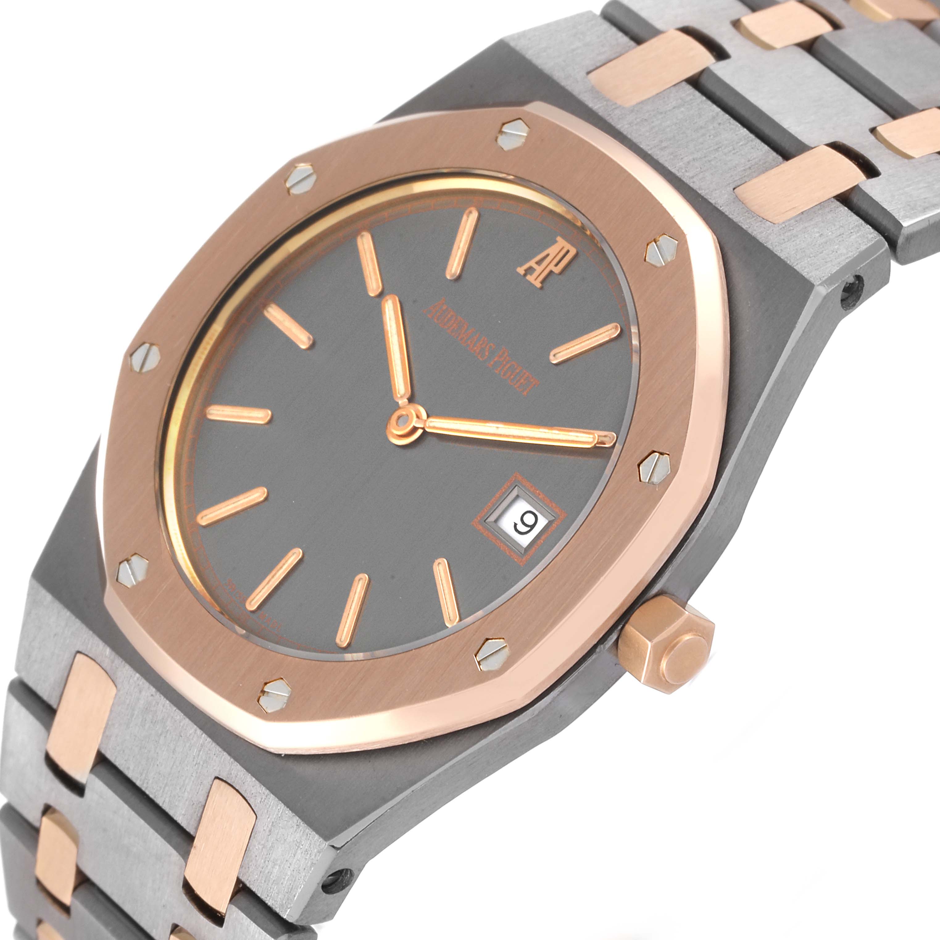 This image shows a close-up angled view of the Audemars Piguet Royal Oak 56175TR-OO-0789TR-01 Men's Steel and Gold (two tone) Black Dial 56175TR-OO-0789TR-01 Men's Steel and Gold (two tone) Black Dial watch, highlighting the dial, bezel, and part of the bracelet.