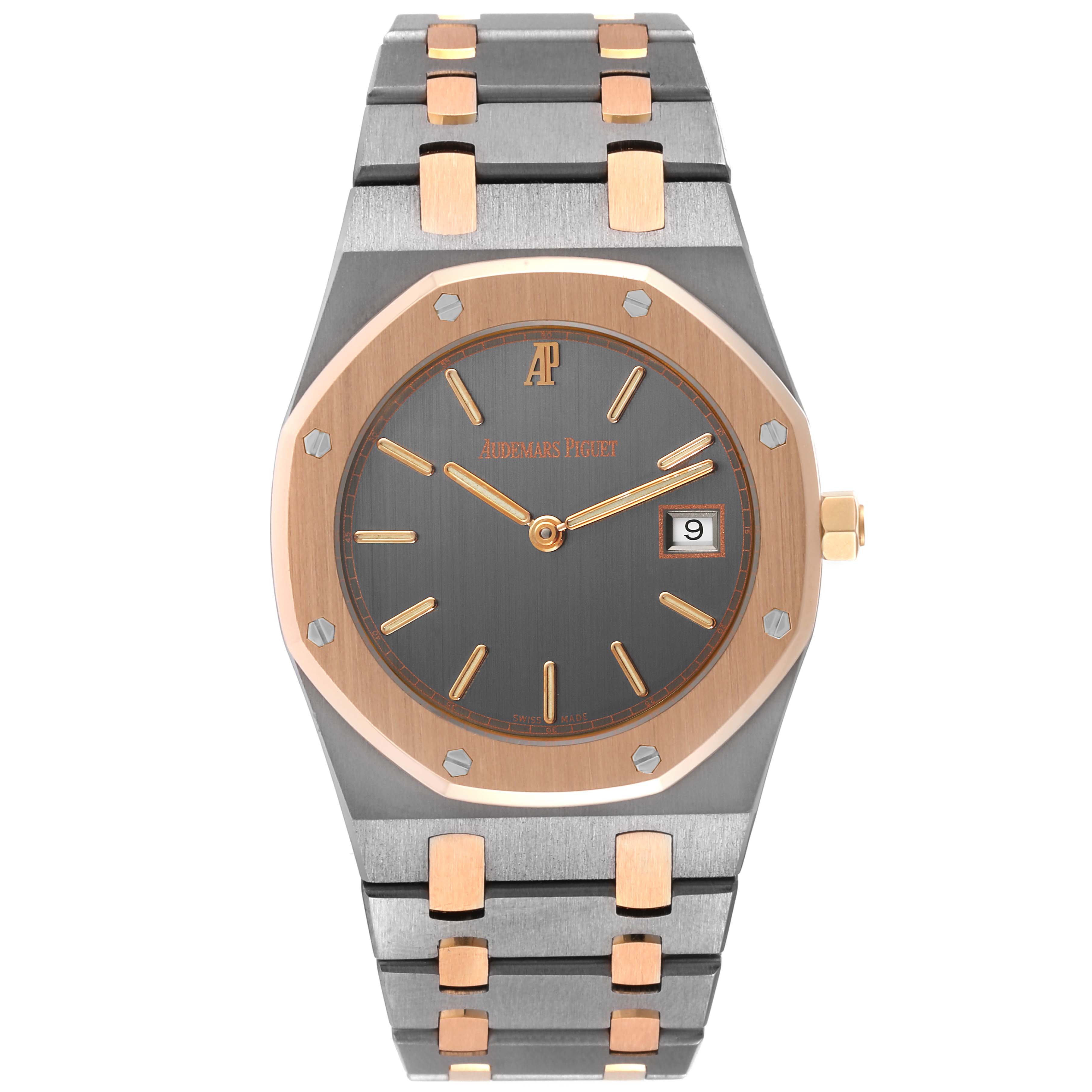 This image shows a front view of a Royal Oak watch by Audemars Piguet, highlighting its face, bezel, crown, and bracelet.