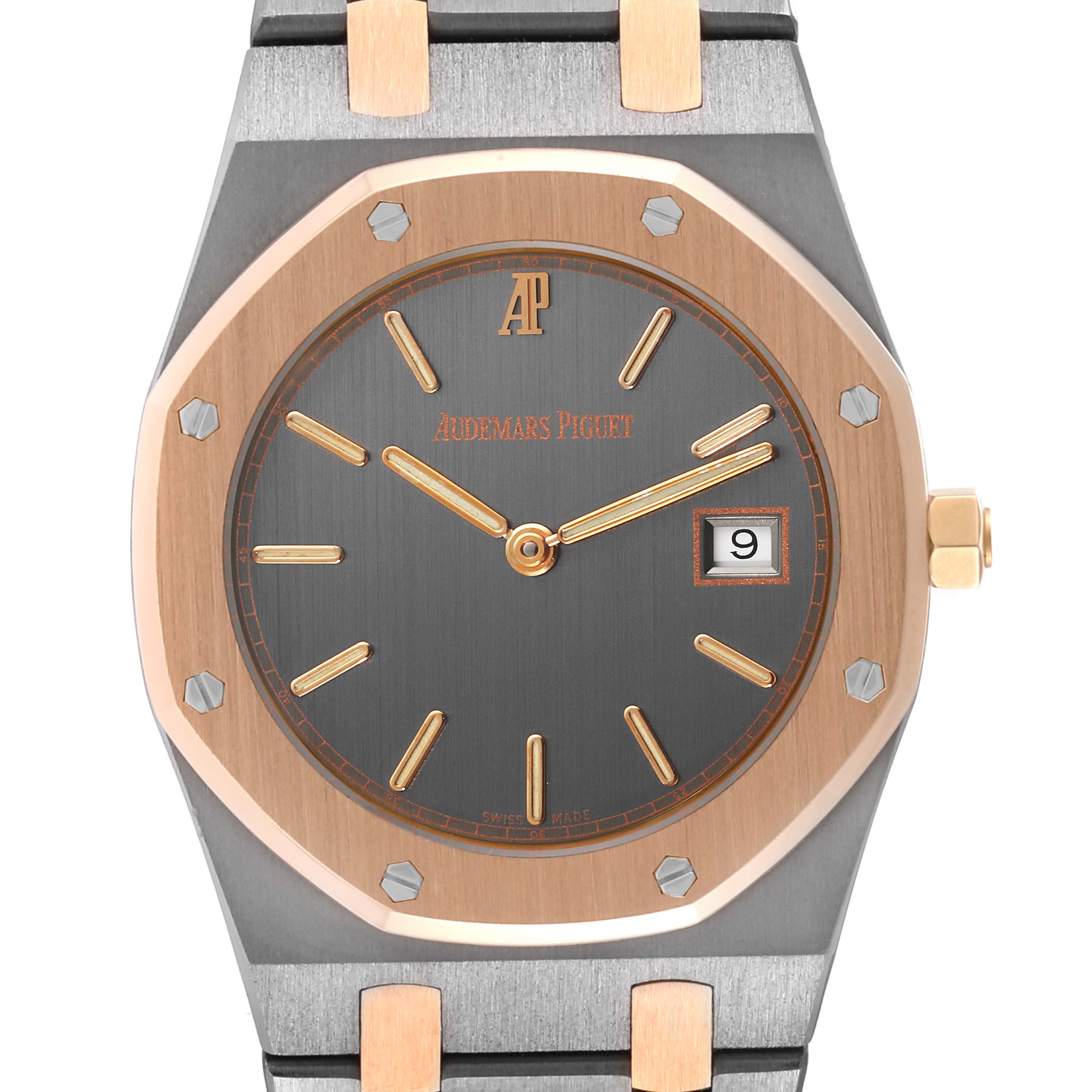 This Royal Oak model by Audemars Piguet is shown from a front angle, highlighting the dial, bezel, and part of the bracelet.