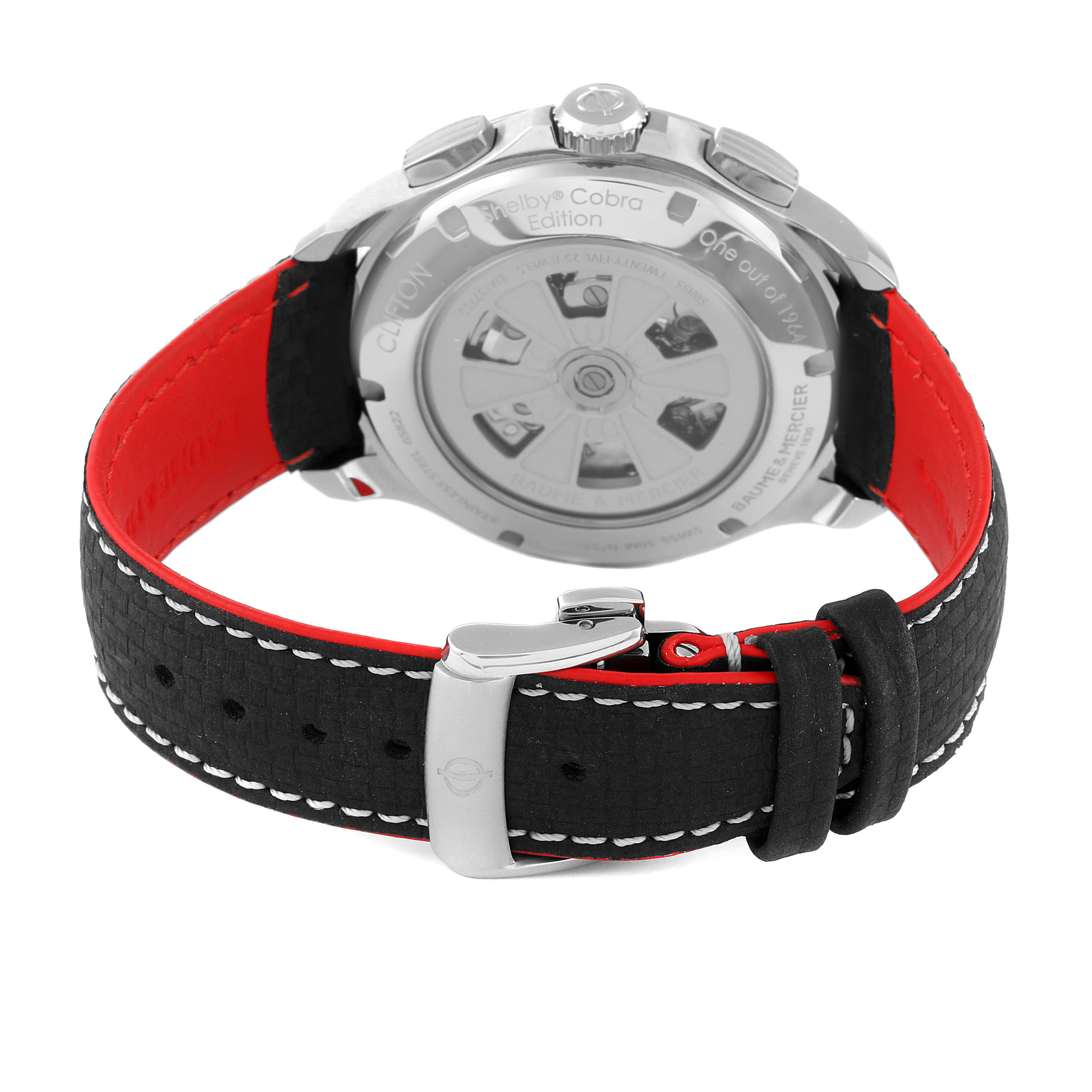 The image displays the back view of the Baume & Mercier Clifton M0A10342 Men's Stainless Steel Silver Dial M0A10342 Men's Stainless Steel Silver Dial watch, highlighting its clasp and strap details.