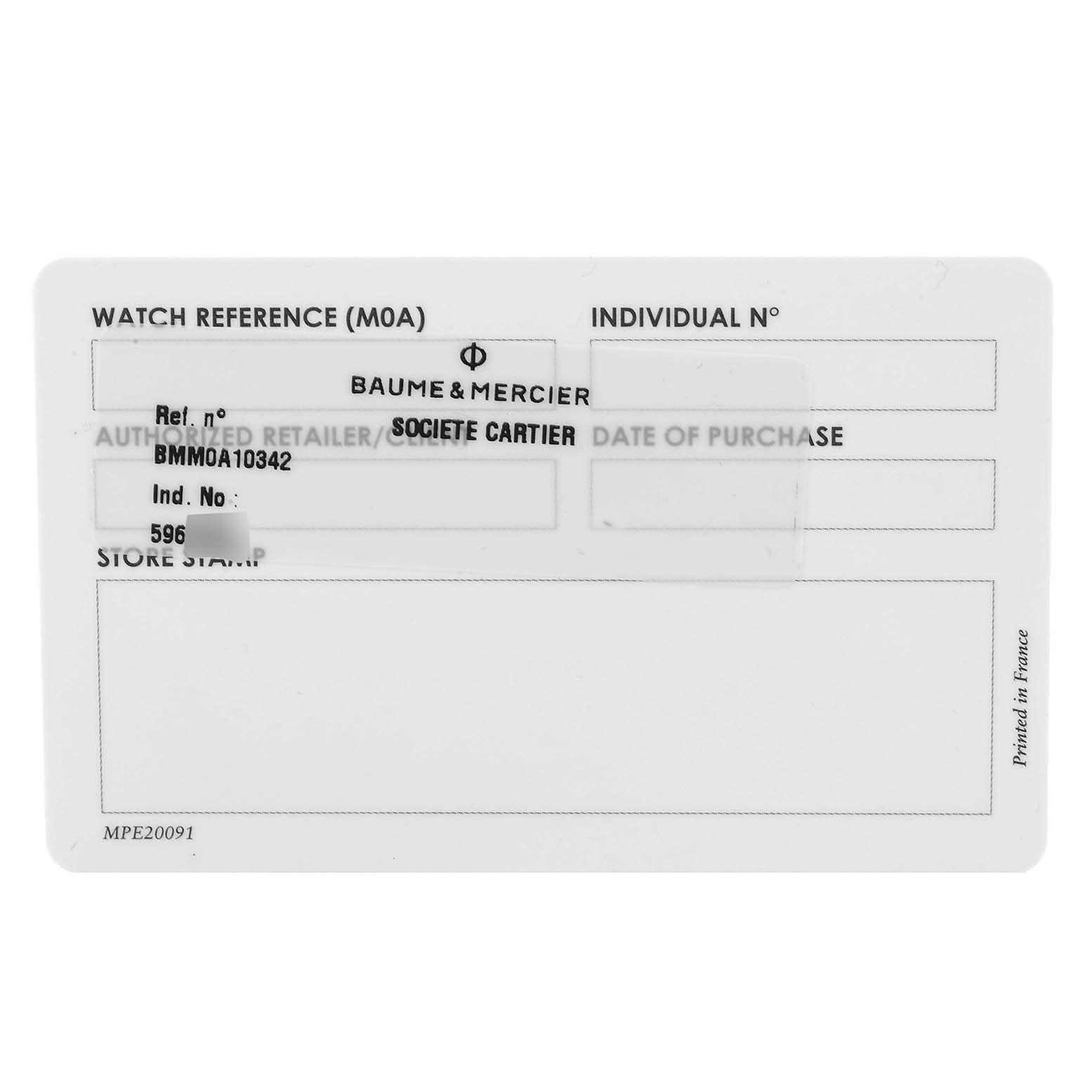 This image shows a warranty card for a Baume & Mercier Clifton M0A10342 Men's Stainless Steel Silver Dial M0A10342 Men's Stainless Steel Silver Dial model watch.