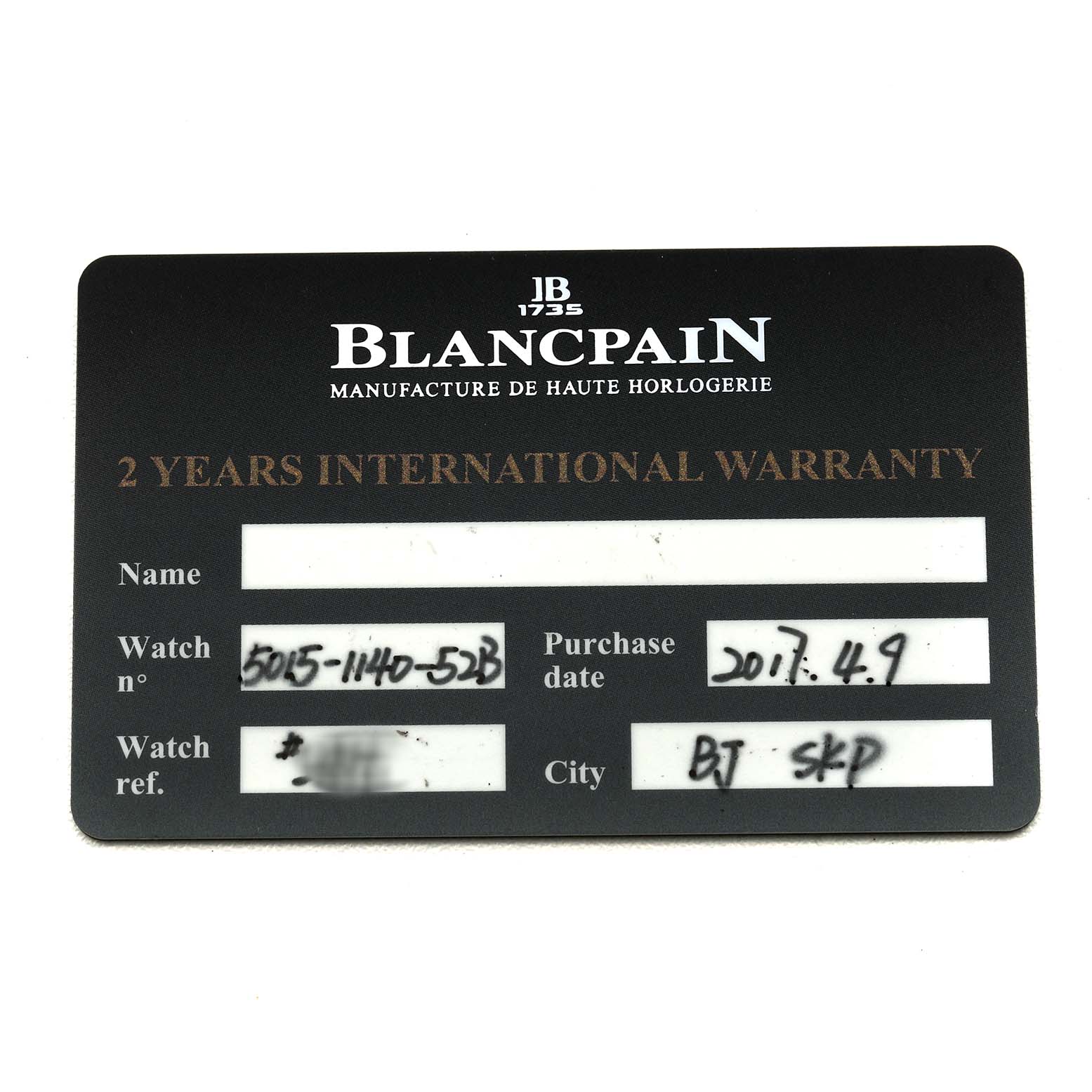 The image shows a flat, front view of a Blancpain Fifty Fathoms 5015D-1140-52B Men's Stainless Steel Blue Dial warranty card.