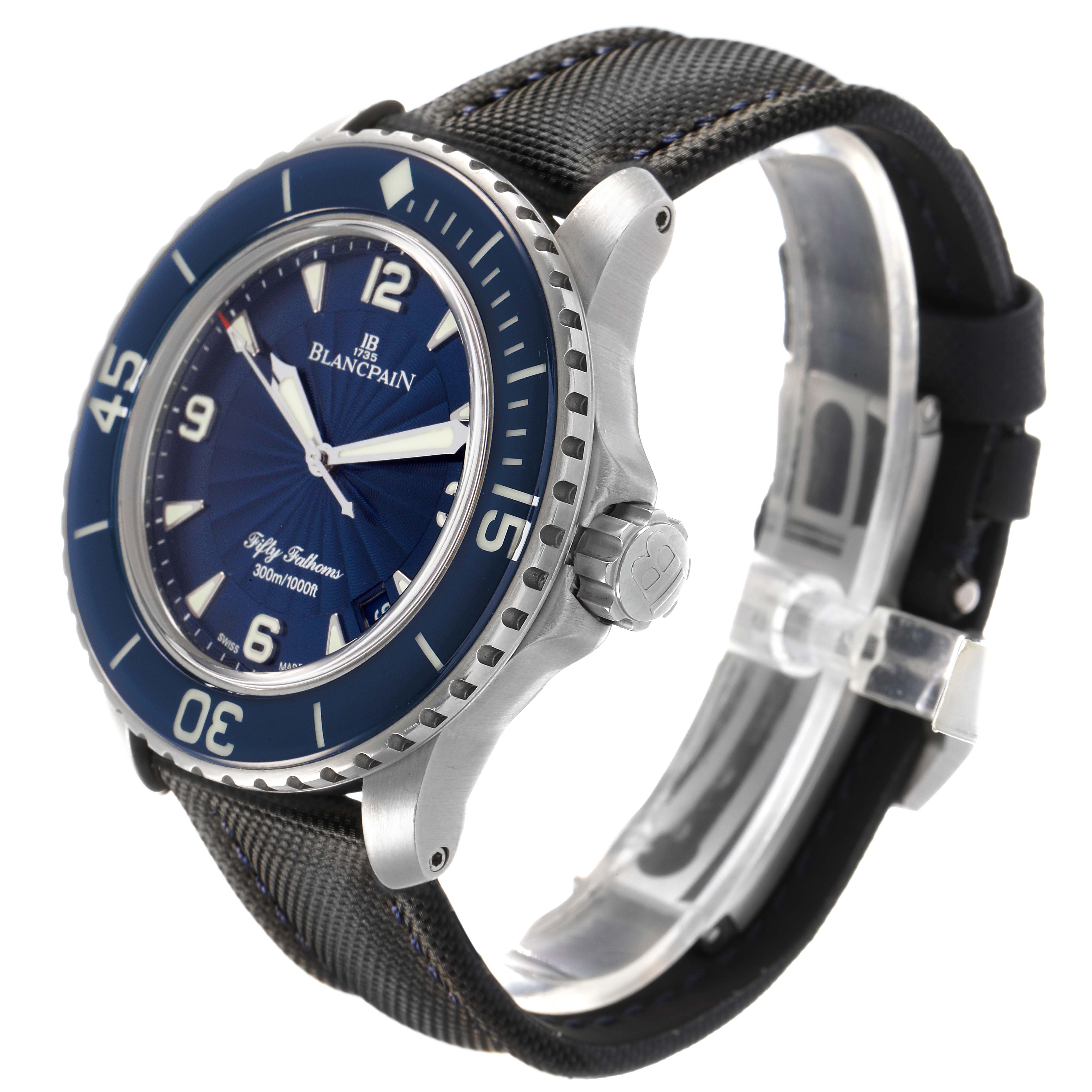 The Blancpain Fifty Fathoms 5015D-1140-52B Men's Stainless Steel Blue Dial watch is shown at a three-quarter angle, highlighting the blue bezel, face, crown, and strap.
