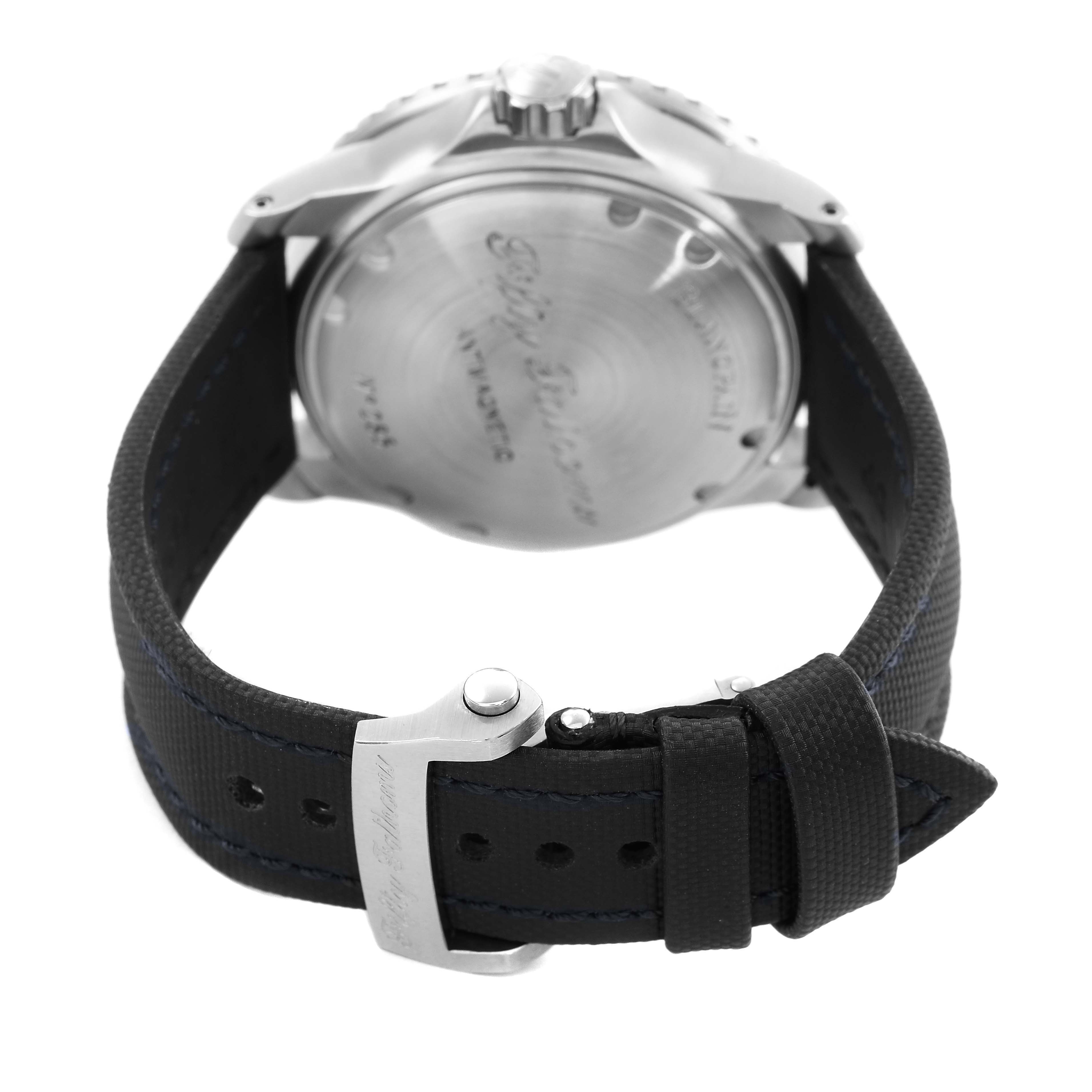The image shows the Blancpain Fifty Fathoms 5015D-1140-52B Men's Stainless Steel Blue Dial watch from a rear angle, highlighting the case back and strap with buckle.