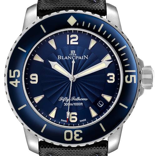 The Blancpain Fifty Fathoms 5015D-1140-52B Men's Stainless Steel Blue Dial watch is shown from a front angle, highlighting its dial, bezel, crown, and strap.
