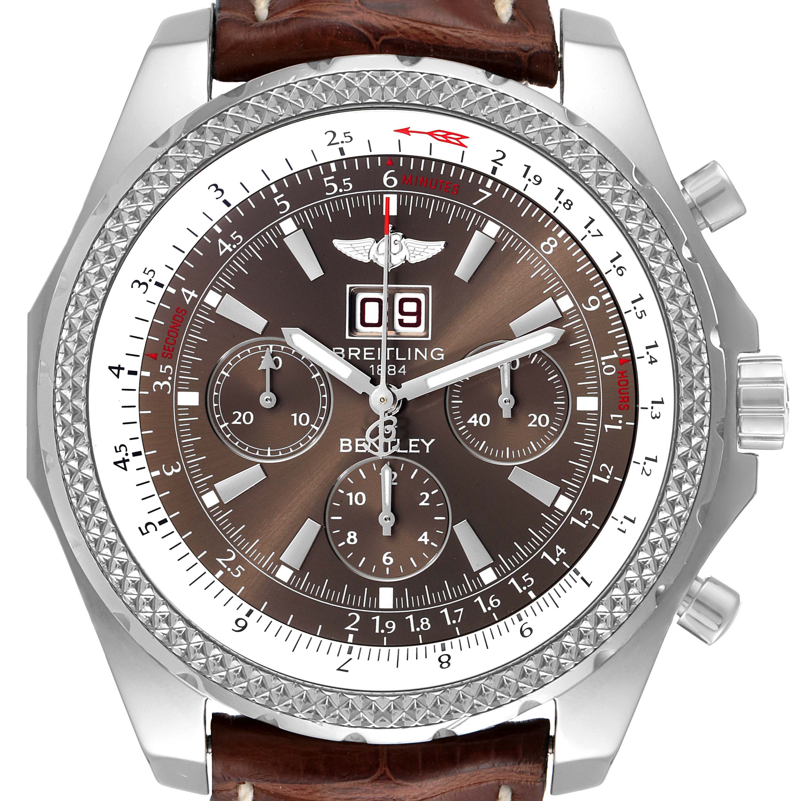 The image shows a front view of the Breitling Bentley A44362 Men's Stainless Steel Brown Dial A44362 Men's Stainless Steel Brown Dial watch, highlighting the dial, bezel, chronograph subdials, and leather strap.