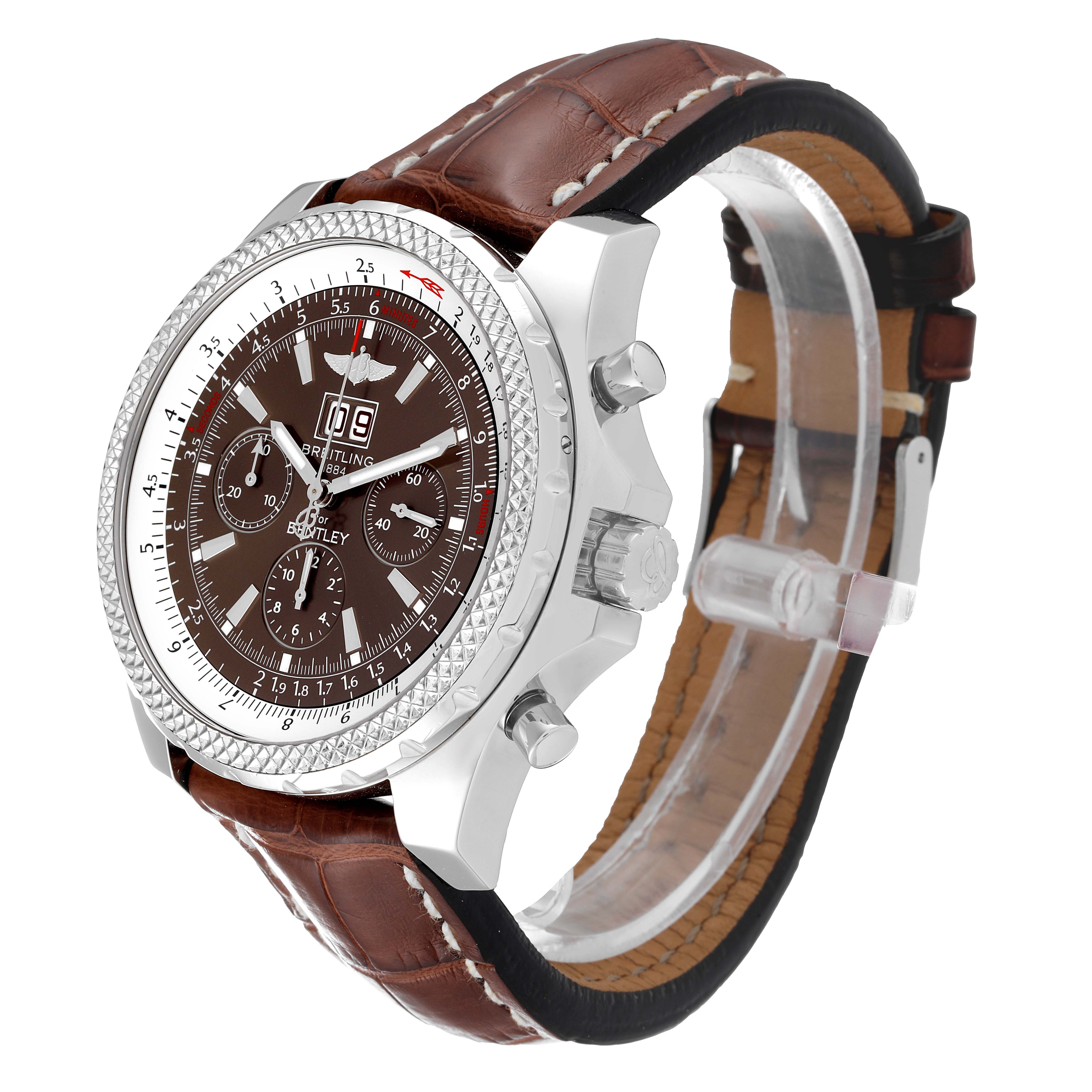 The Bentley model by Breitling is shown at an angle highlighting the watch face, side buttons, and brown leather strap.