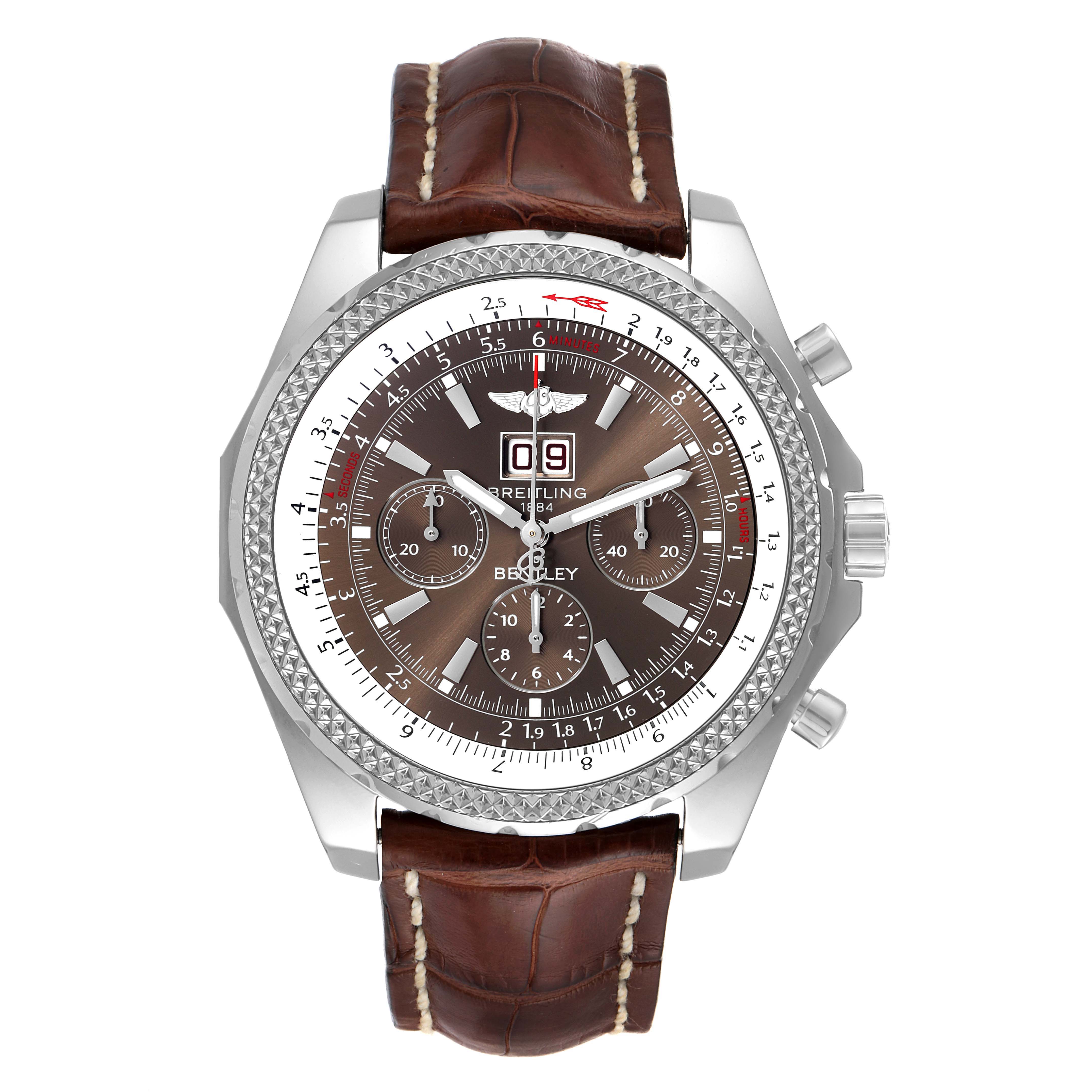 The image shows a front view of a Breitling Bentley A44362 Men's Stainless Steel Brown Dial A44362 Men's Stainless Steel Brown Dial watch, featuring its dial, bezel, and leather strap.
