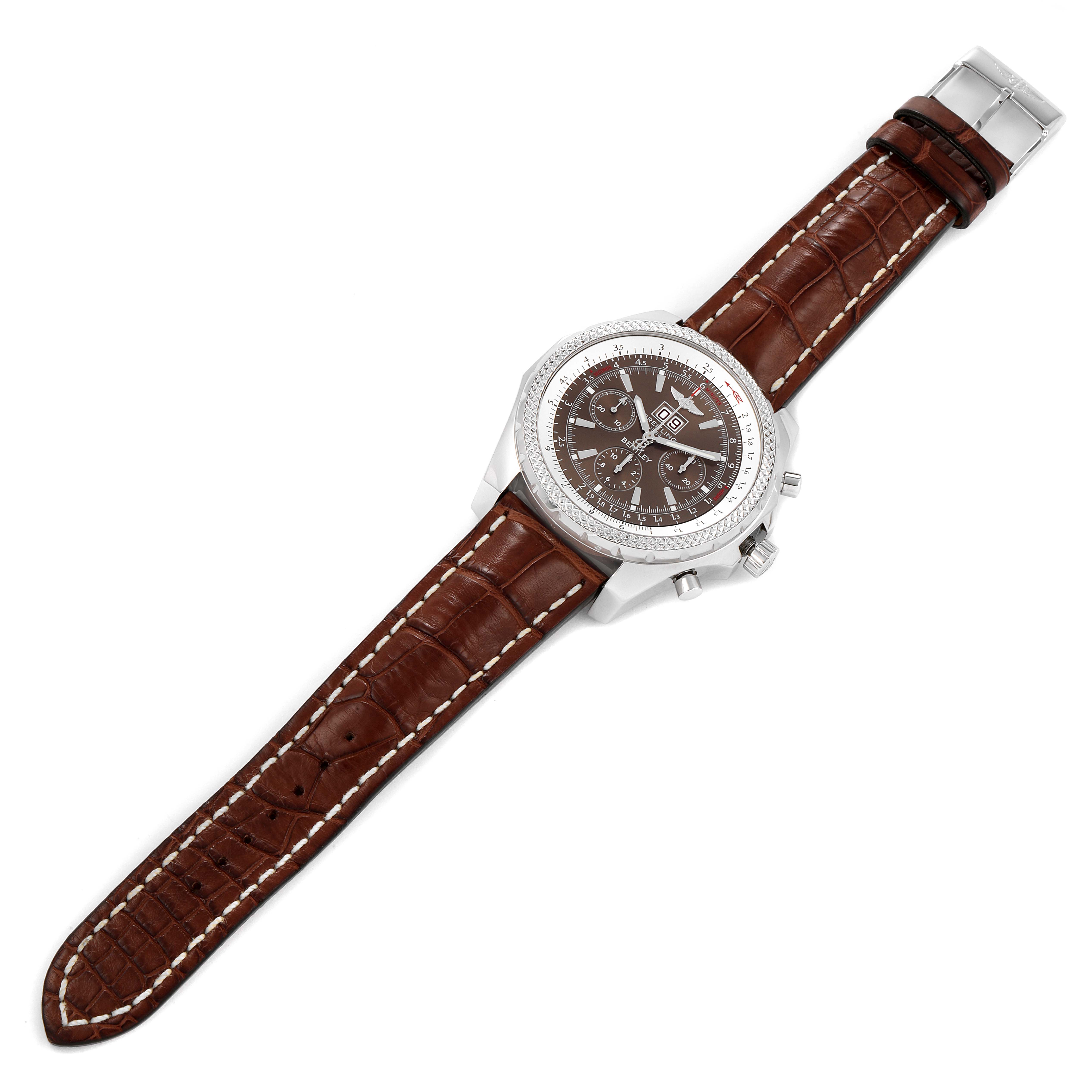 The Brown Bentley model by Breitling is shown from a top-down angle, displaying its face, bezel, and brown leather strap.