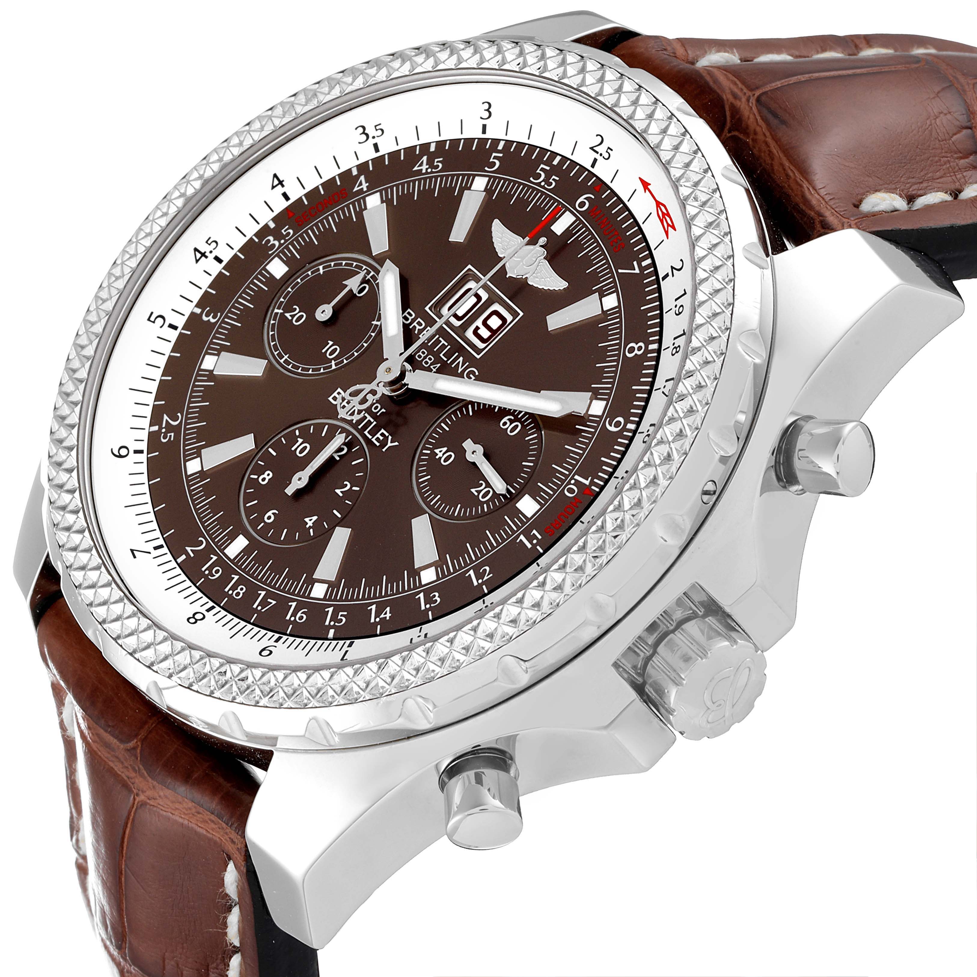The image shows a close-up side angle of a Bentley model by Breitling, featuring the dial, bezel, and crown.