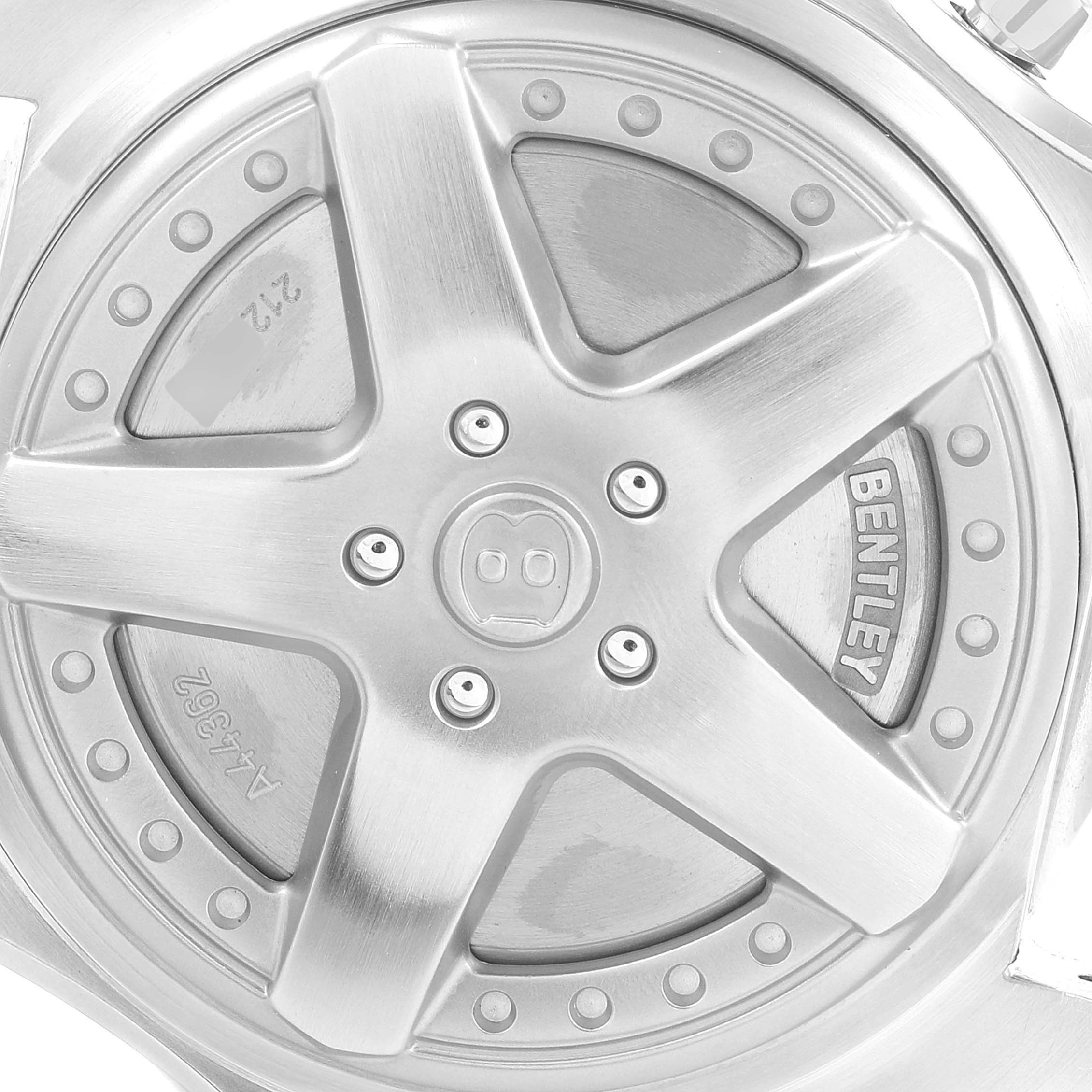 This image shows the back of a Breitling Bentley A44362 Men's Stainless Steel Brown Dial A44362 Men's Stainless Steel Brown Dial model watch, featuring the engraved rim design and branding.