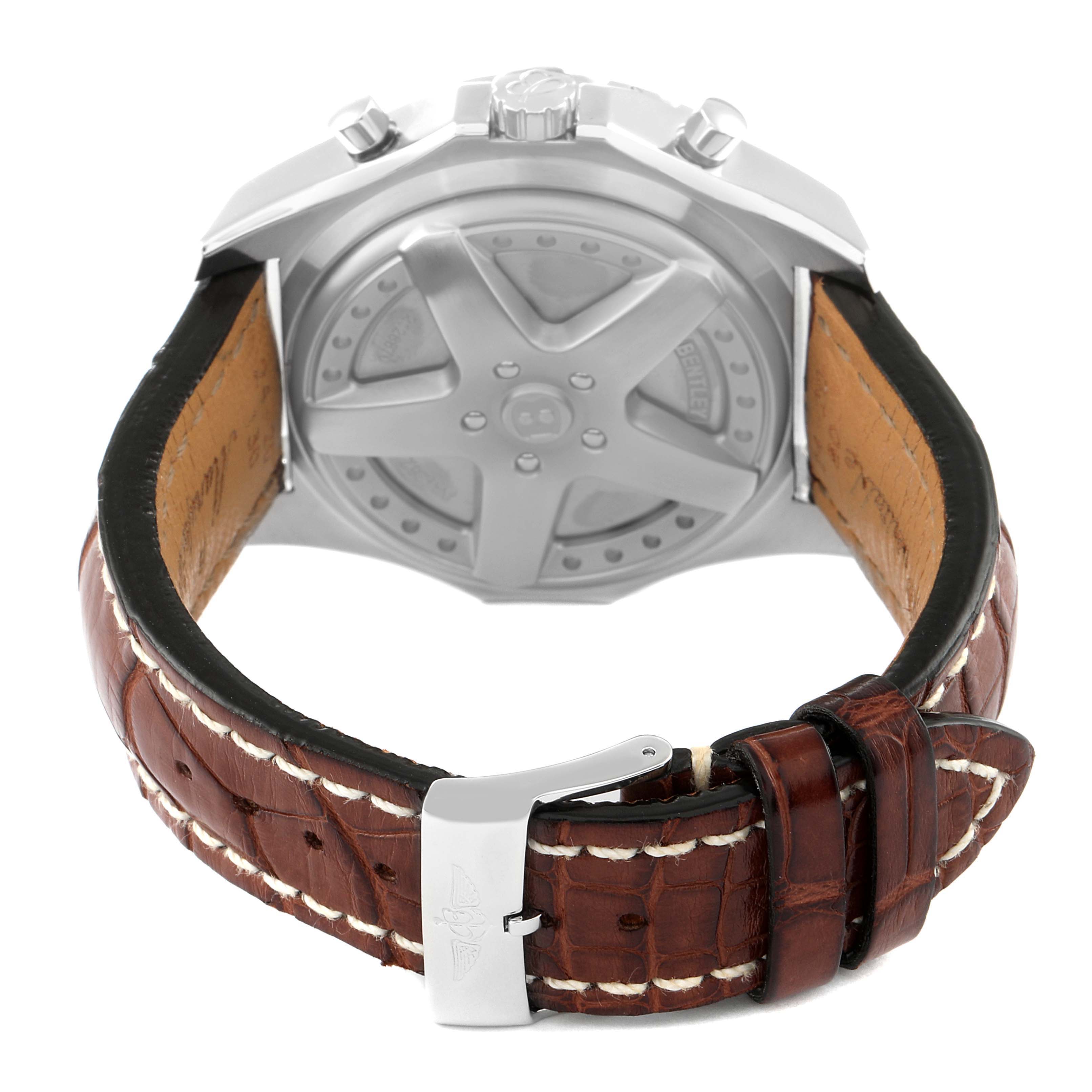 This image shows the back of a Breitling Bentley A44362 Men's Stainless Steel Brown Dial A44362 Men's Stainless Steel Brown Dial watch case and a brown leather strap with a metal clasp.