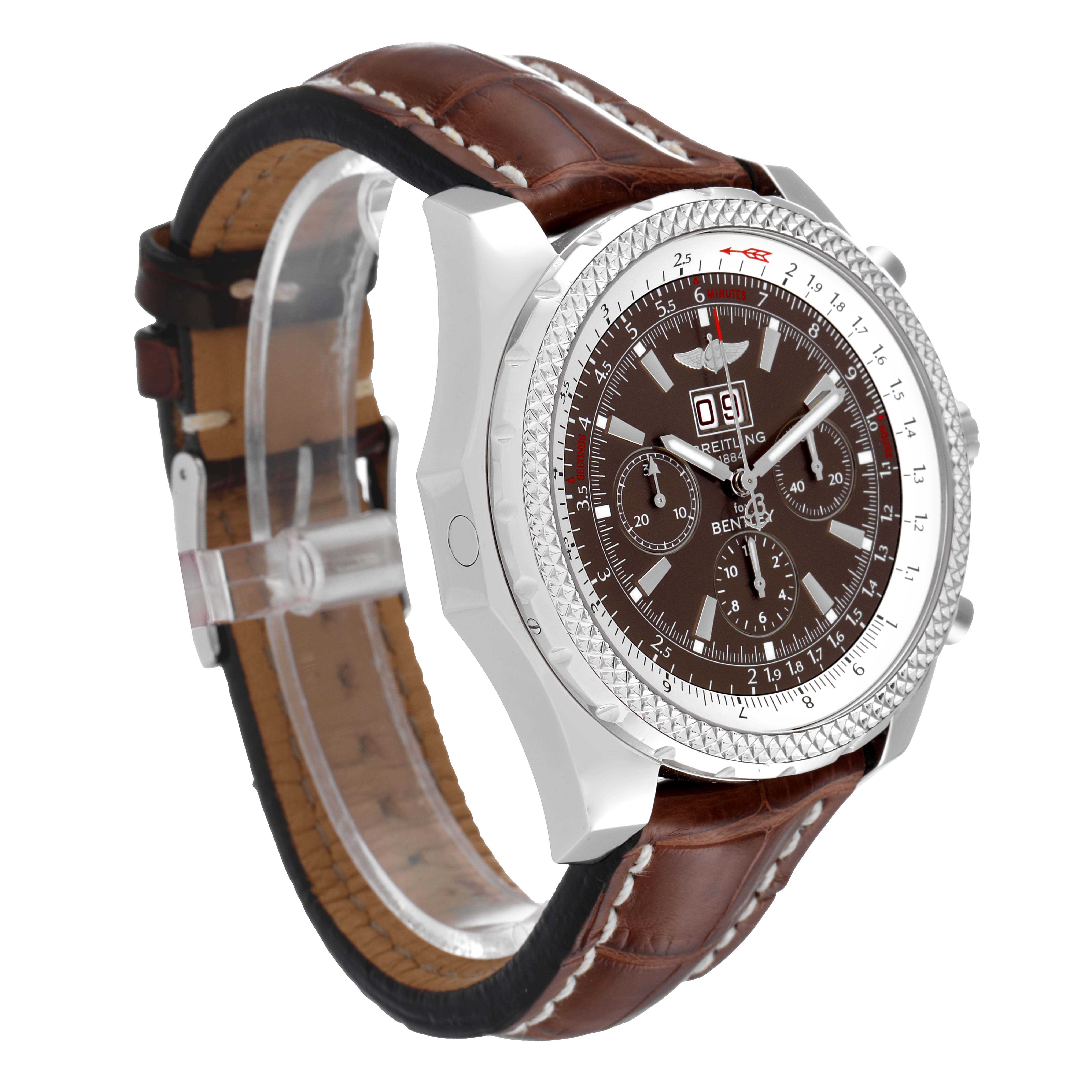 The image shows a Breitling Bentley A44362 Men's Stainless Steel Brown Dial A44362 Men's Stainless Steel Brown Dial model watch at a three-quarter angle, highlighting its brown dial and leather strap.