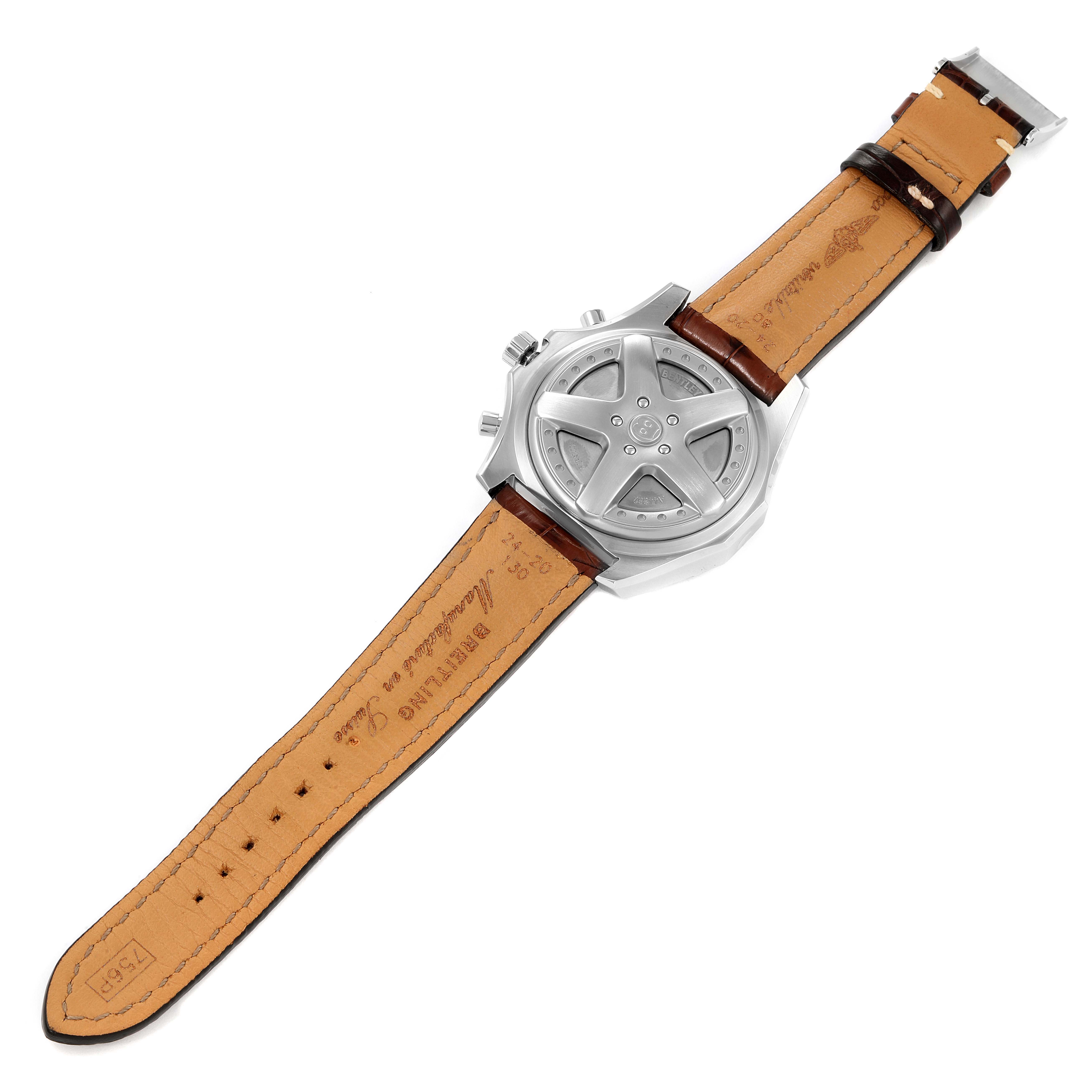 This image shows the back side of a Bentley model watch by Breitling with its leather strap and metal caseback visible.