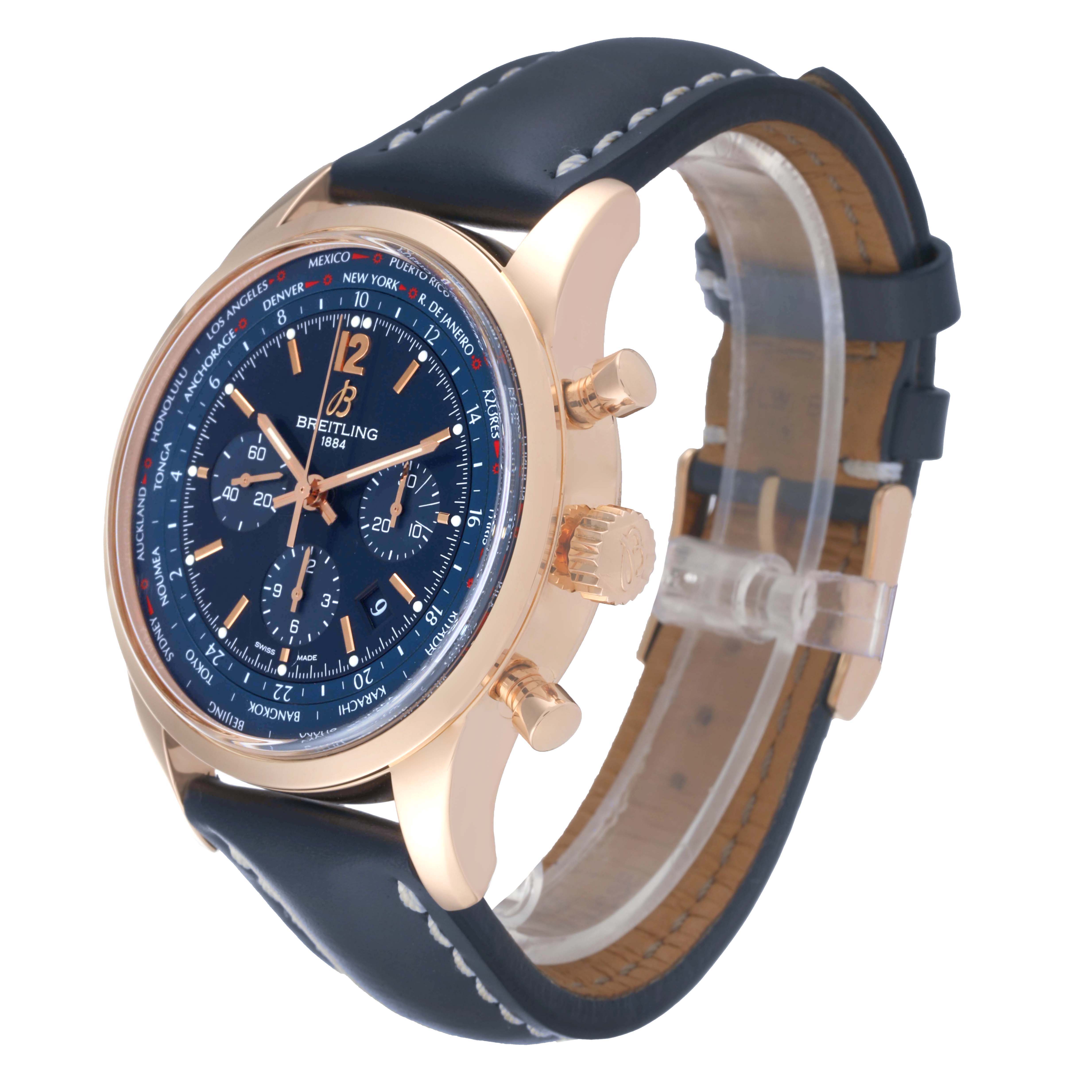 The image shows a Breitling Transocean RB0510 Men's Rose Gold Blue Dial RB0510 Men's Rose Gold Blue Dial watch at a three-quarter angle highlighting its dial, bezel, and strap.