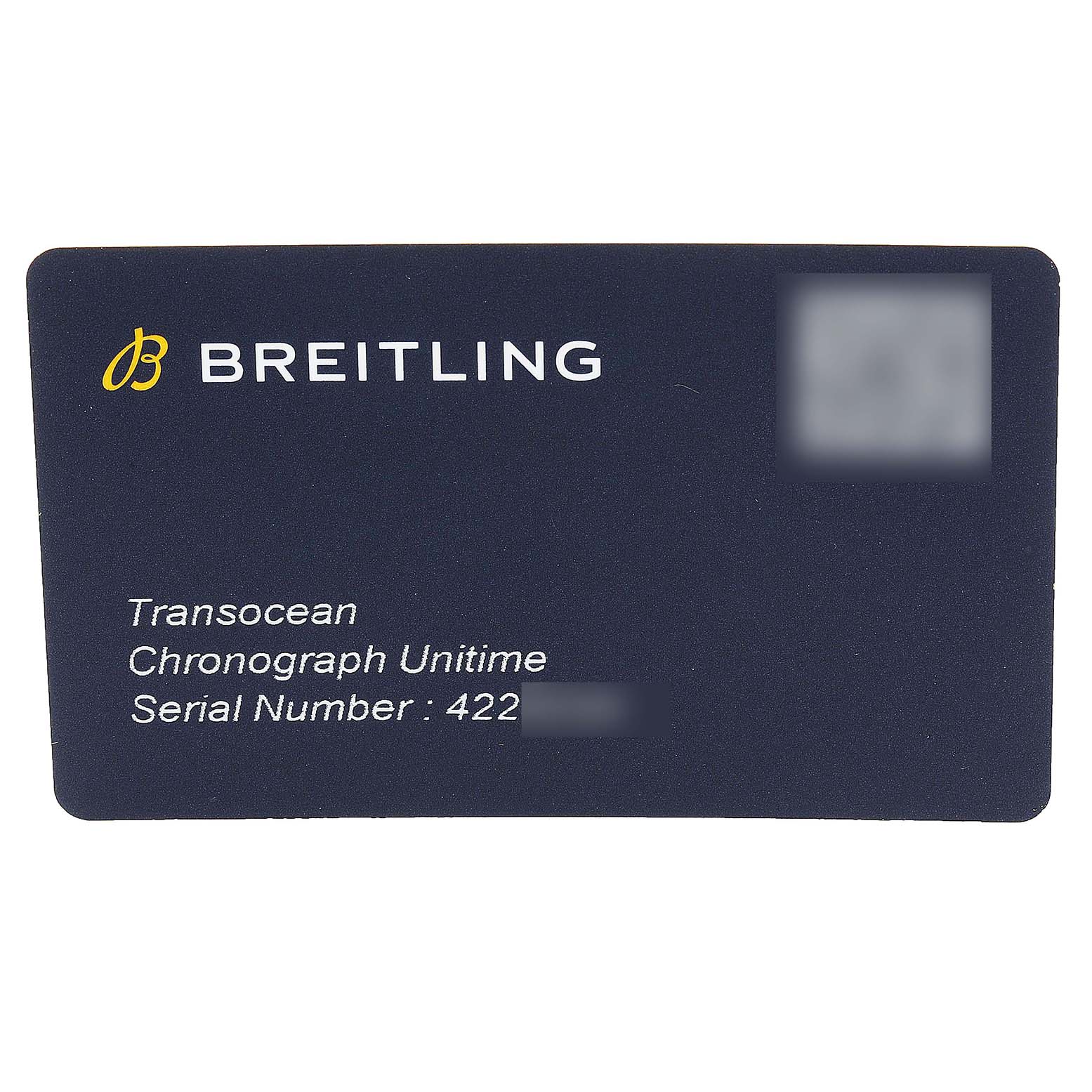 This image shows a warranty card for a Breitling Transocean RB0510 Men's Rose Gold Blue Dial RB0510 Men's Rose Gold Blue Dial Chronograph Unitime watch.