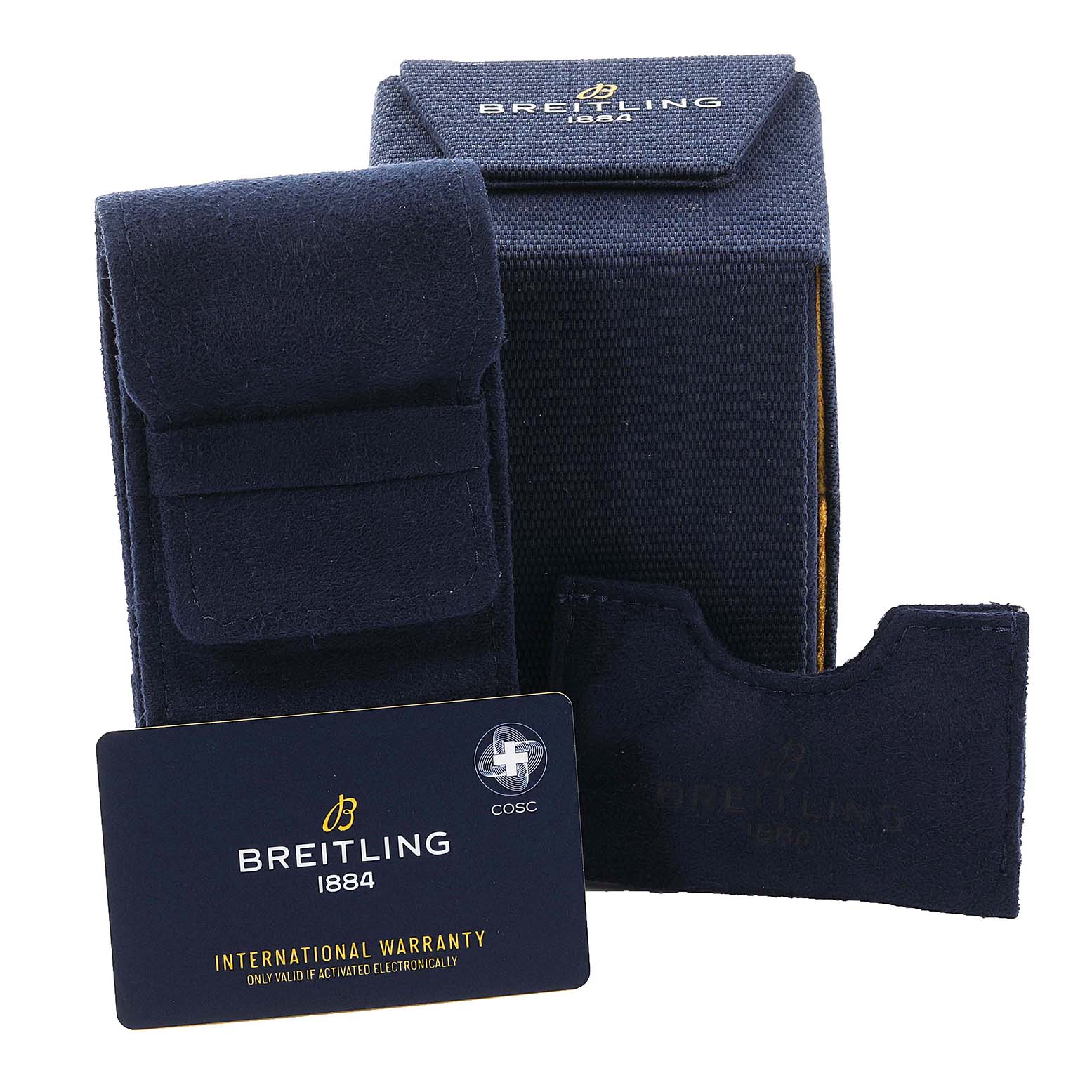 This image shows the packaging and accessories of the Breitling Transocean RB0510 Men's Rose Gold Blue Dial RB0510 Men's Rose Gold Blue Dial model, including a watch case, pouch, and international warranty card.