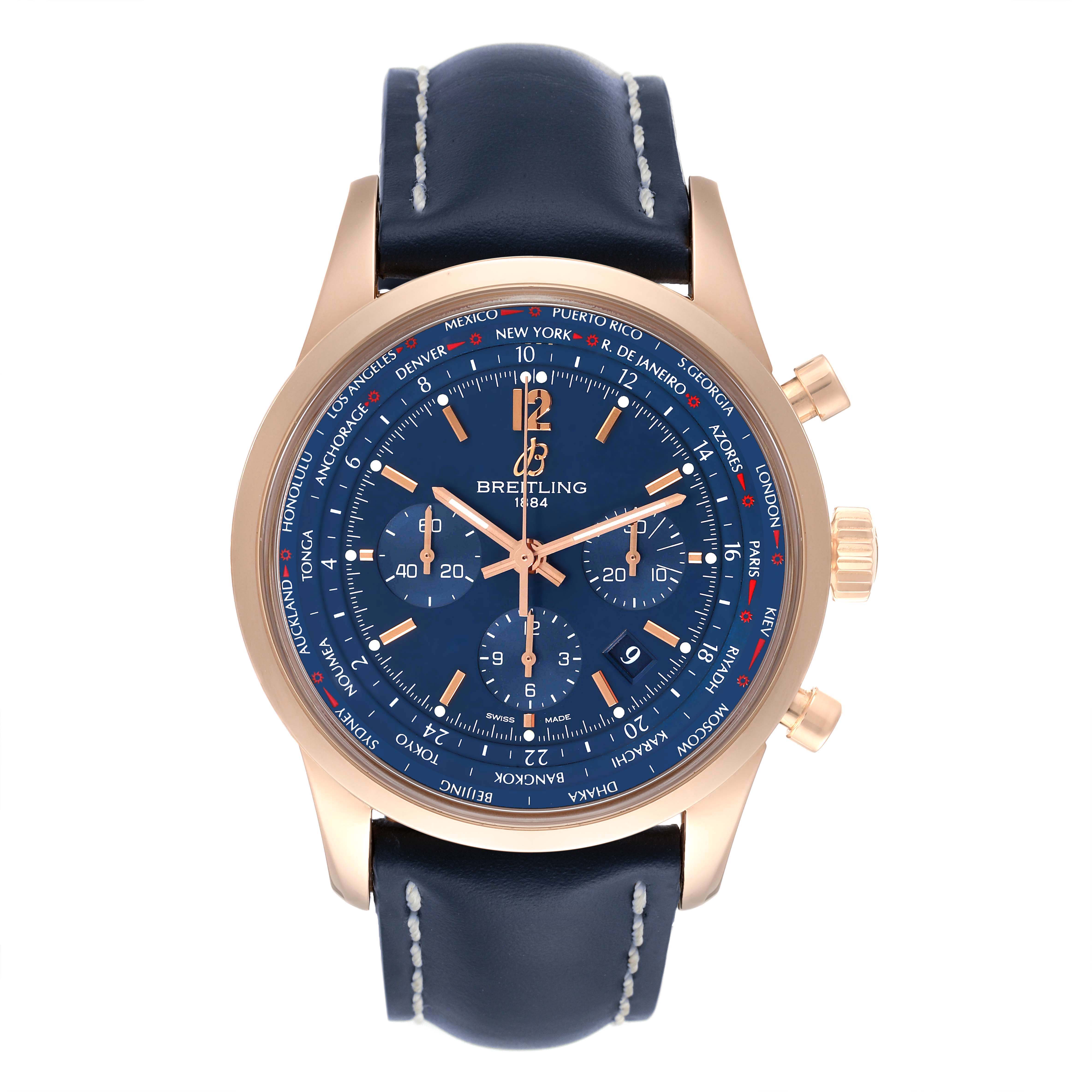 This image shows a front view of a Breitling Transocean RB0510 Men's Rose Gold Blue Dial RB0510 Men's Rose Gold Blue Dial watch with a blue dial and leather strap.