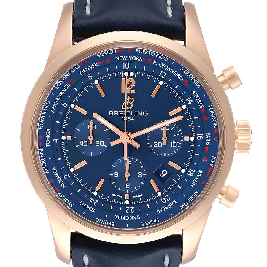 Breitling Transocean Blue Dial Rose Gold Mens Watch RB0510 Box Card SwissWatchExpo