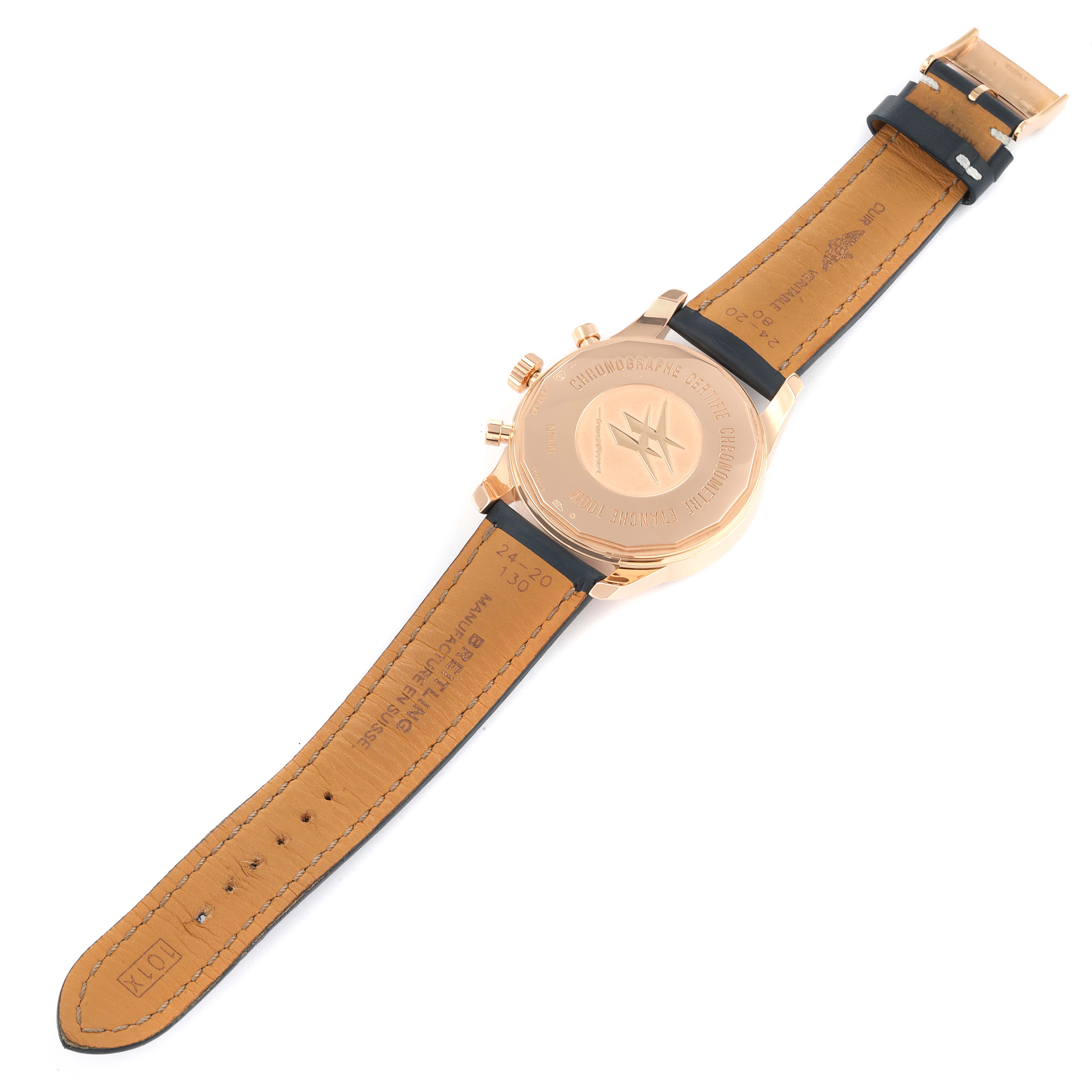 The image shows the back and strap of the Breitling Transocean RB0510 Men's Rose Gold Blue Dial RB0510 Men's Rose Gold Blue Dial watch, emphasizing its case back and leather band.