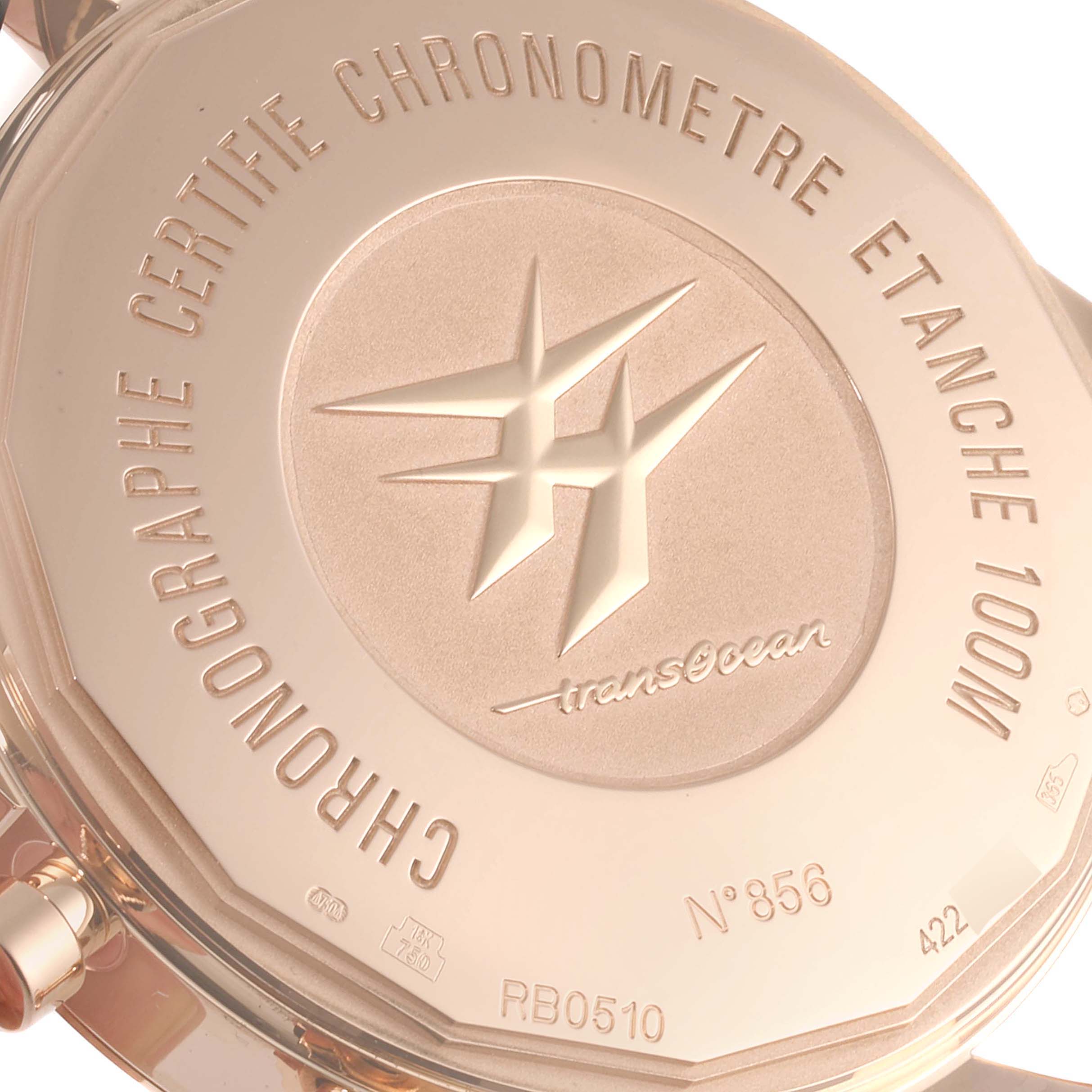 The image shows the case back of a Breitling Transocean RB0510 Men's Rose Gold Blue Dial RB0510 Men's Rose Gold Blue Dial watch, highlighting engravings and the model's specifications.