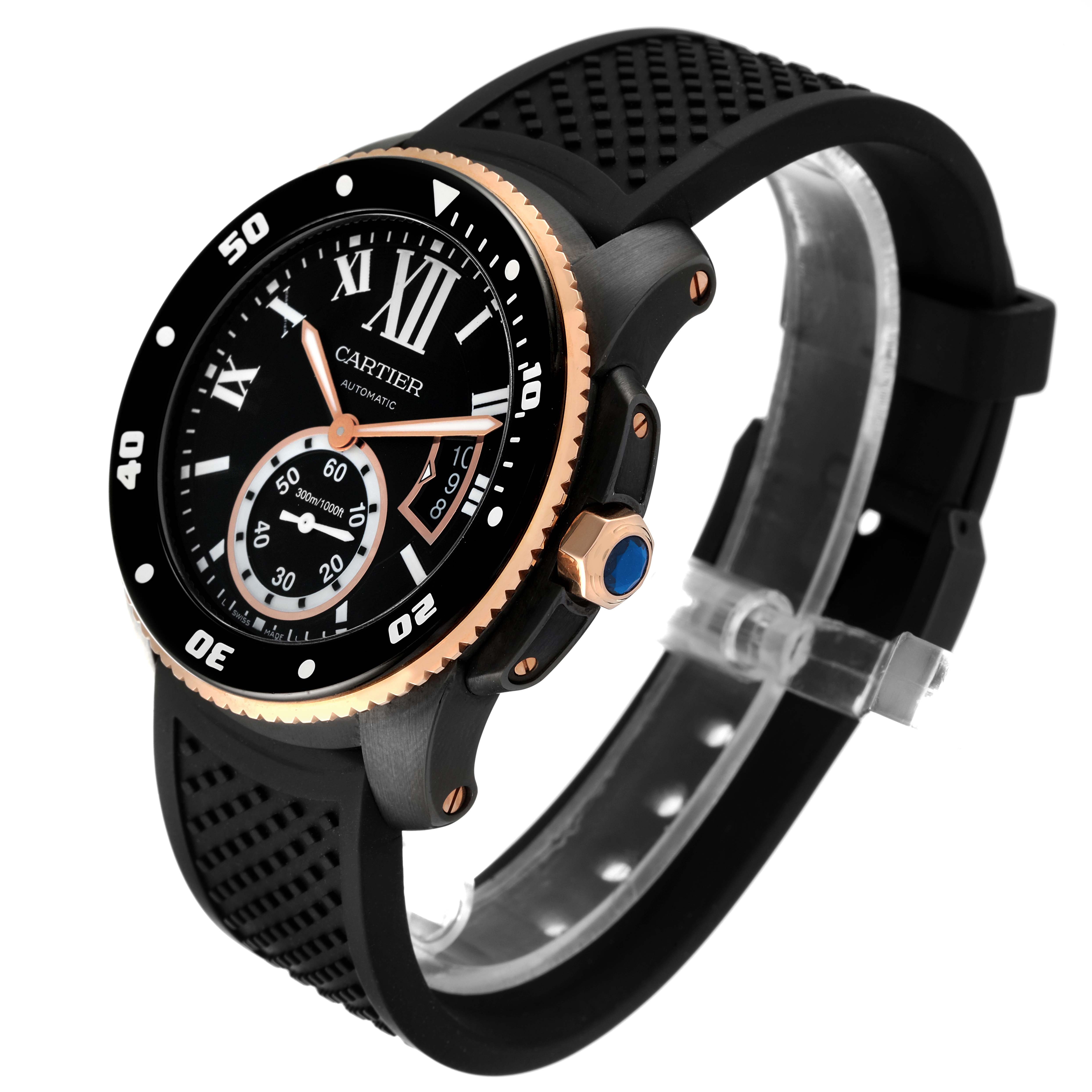 The Calibre de Cartier watch by Cartier is shown at an angled side view, highlighting the face, bezel, and strap.