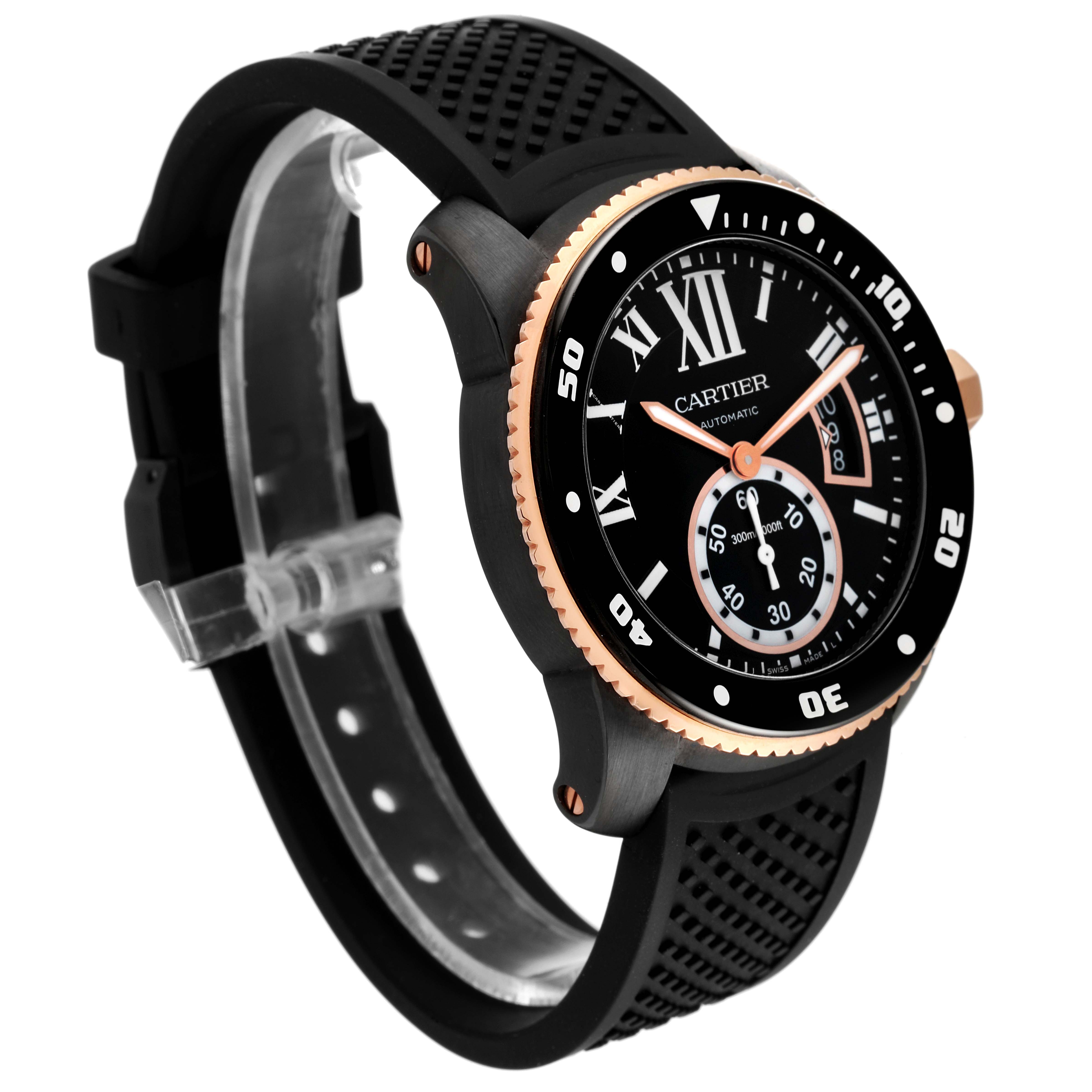 The image shows a Calibre de Cartier model by Cartier from an angled side view, highlighting its black and rose gold bezel and rubber strap.