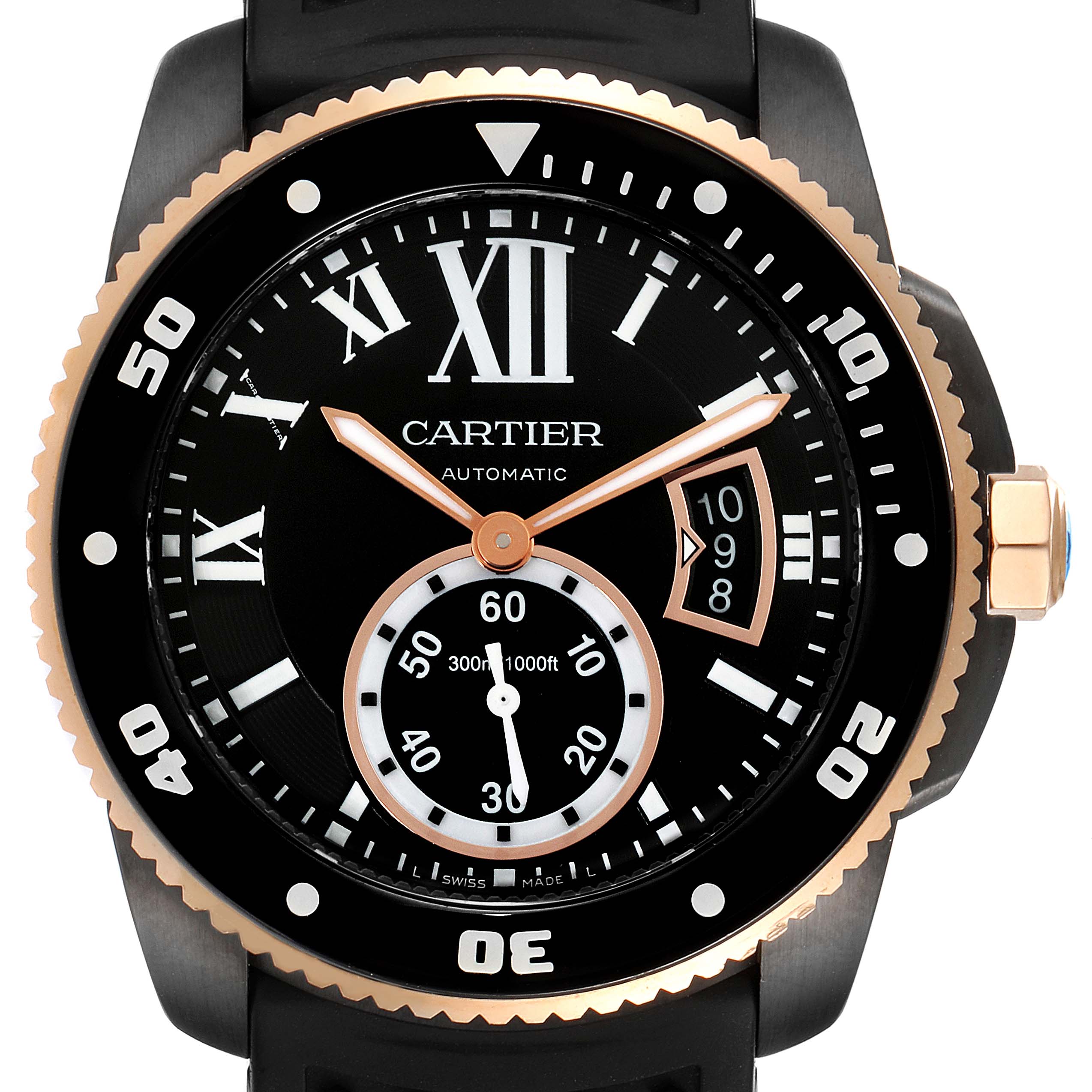 The image shows a front-facing view of the Calibre de Cartier model by Cartier, featuring the watch face, bezel, and crown.