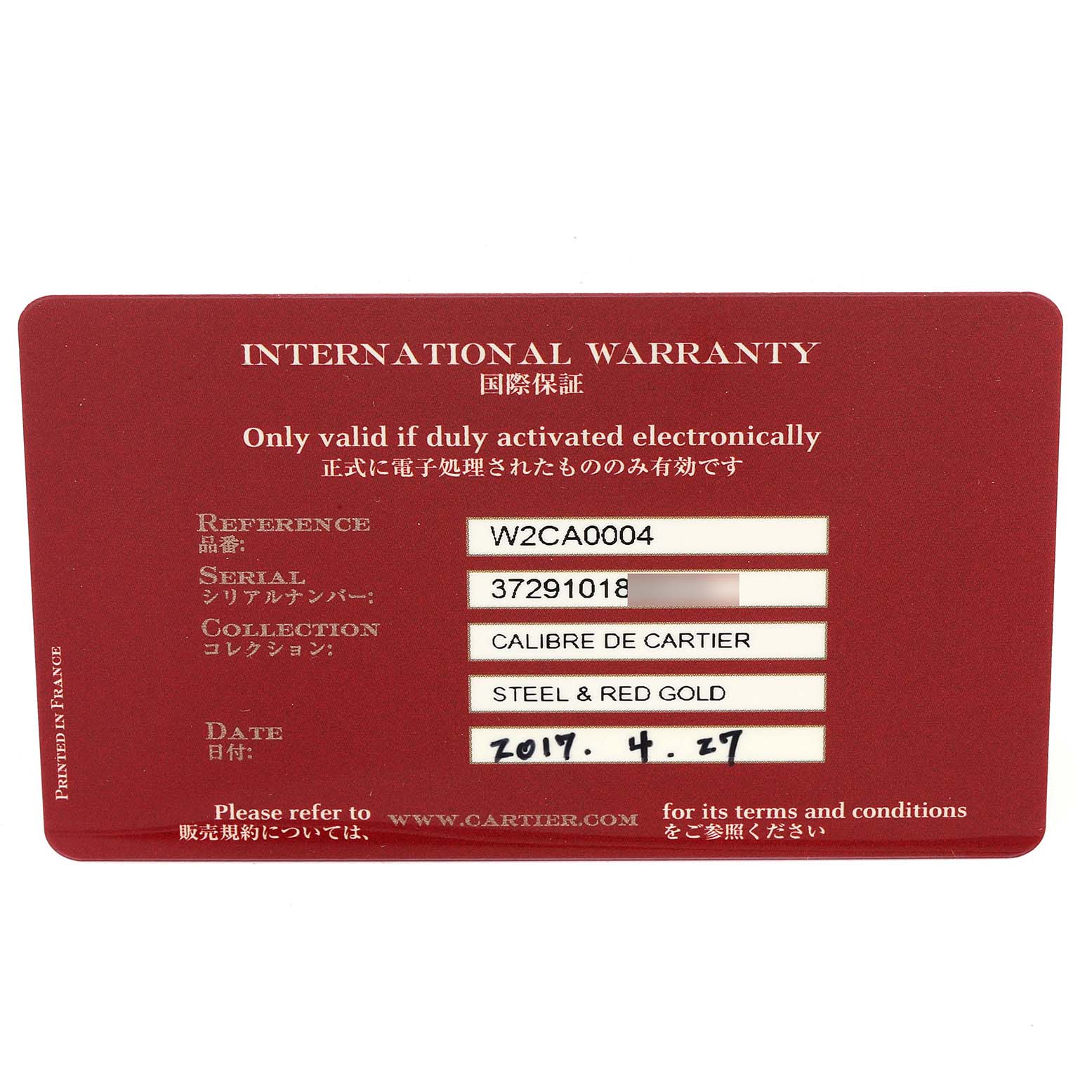 This image shows the International Warranty card for the Calibre de Cartier watch by Cartier, featuring reference and serial numbers, collection, and date.