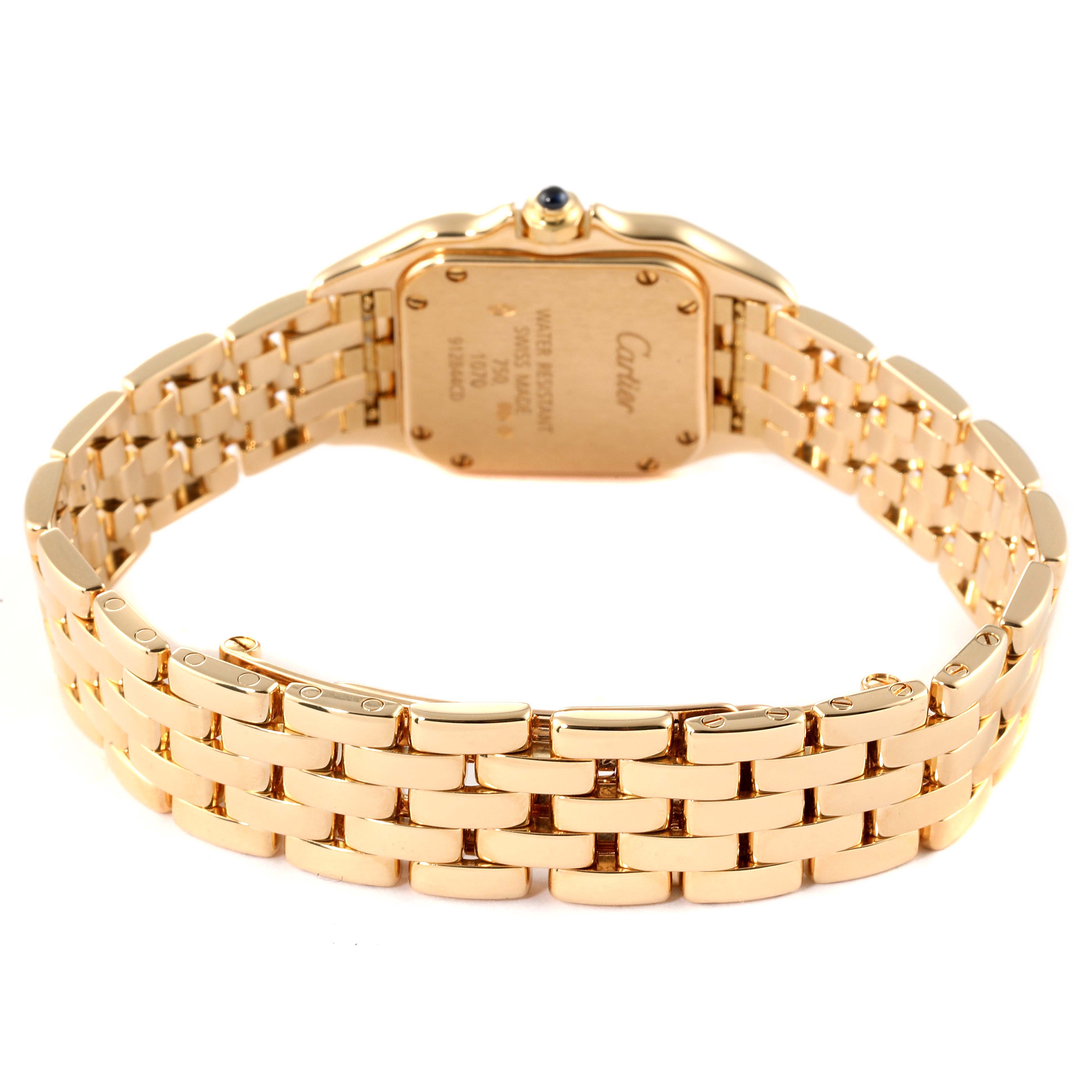 The image shows the back and bracelet of a Cartier Panthere W25022B9 Women's Yellow Gold Silver Dial W25022B9 Women's Yellow Gold Silver Dial watch, with its clasp visible.