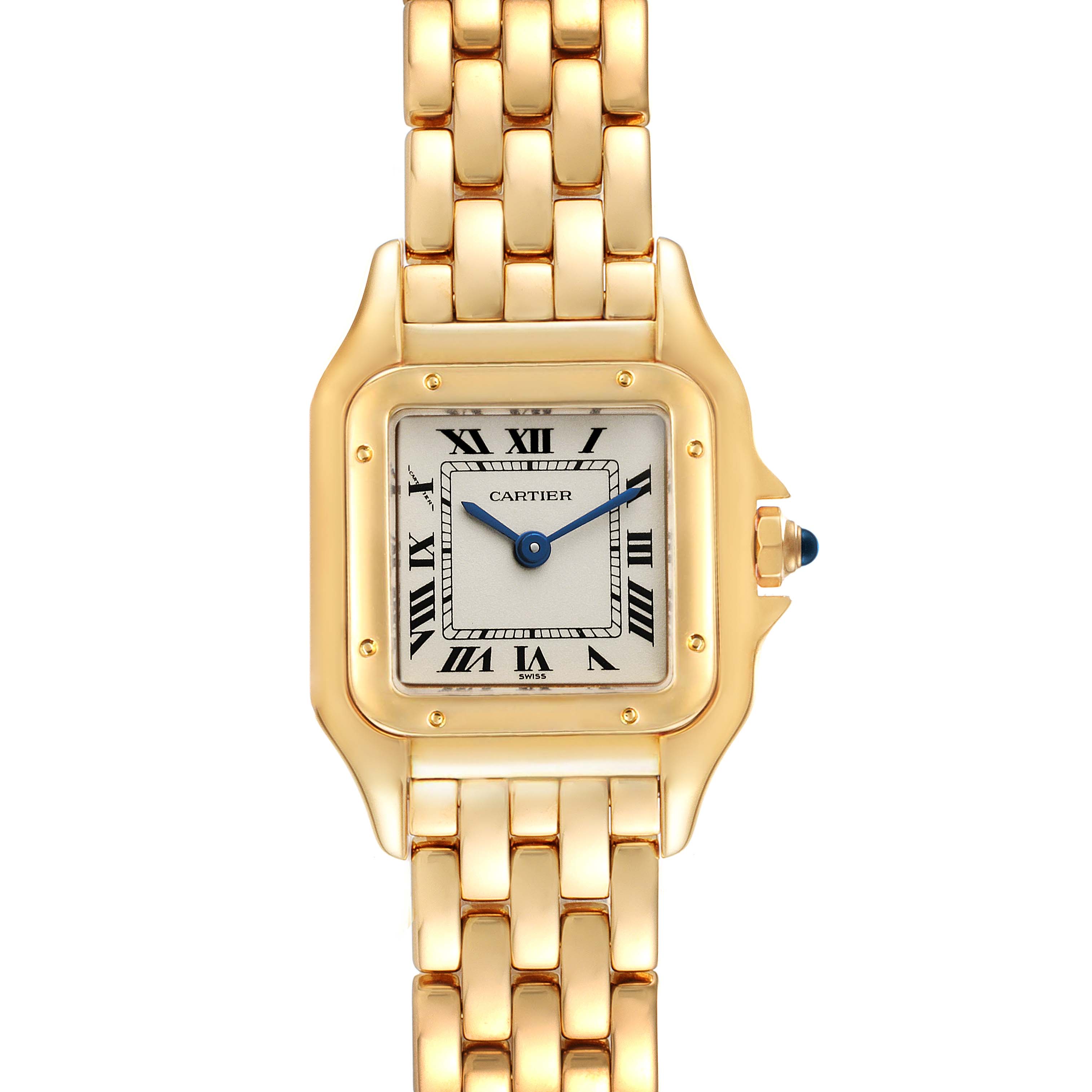 This image shows a close-up, top-down view of the Cartier Panthere W25022B9 Women's Yellow Gold Silver Dial W25022B9 Women's Yellow Gold Silver Dial watch face and part of its gold bracelet.
