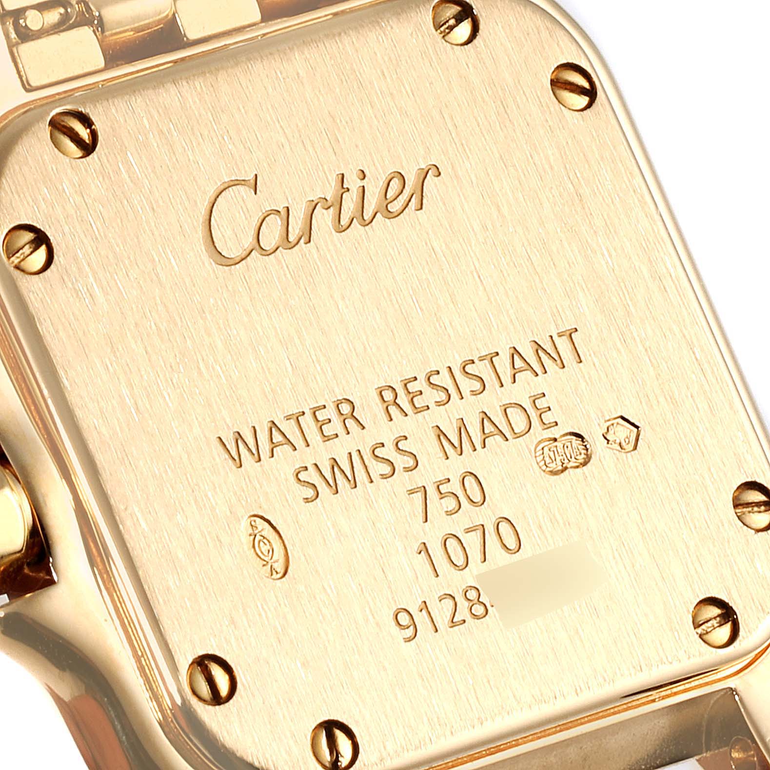 This image shows the back case of the Cartier Panthère watch, displaying text and markings indicating specifications.