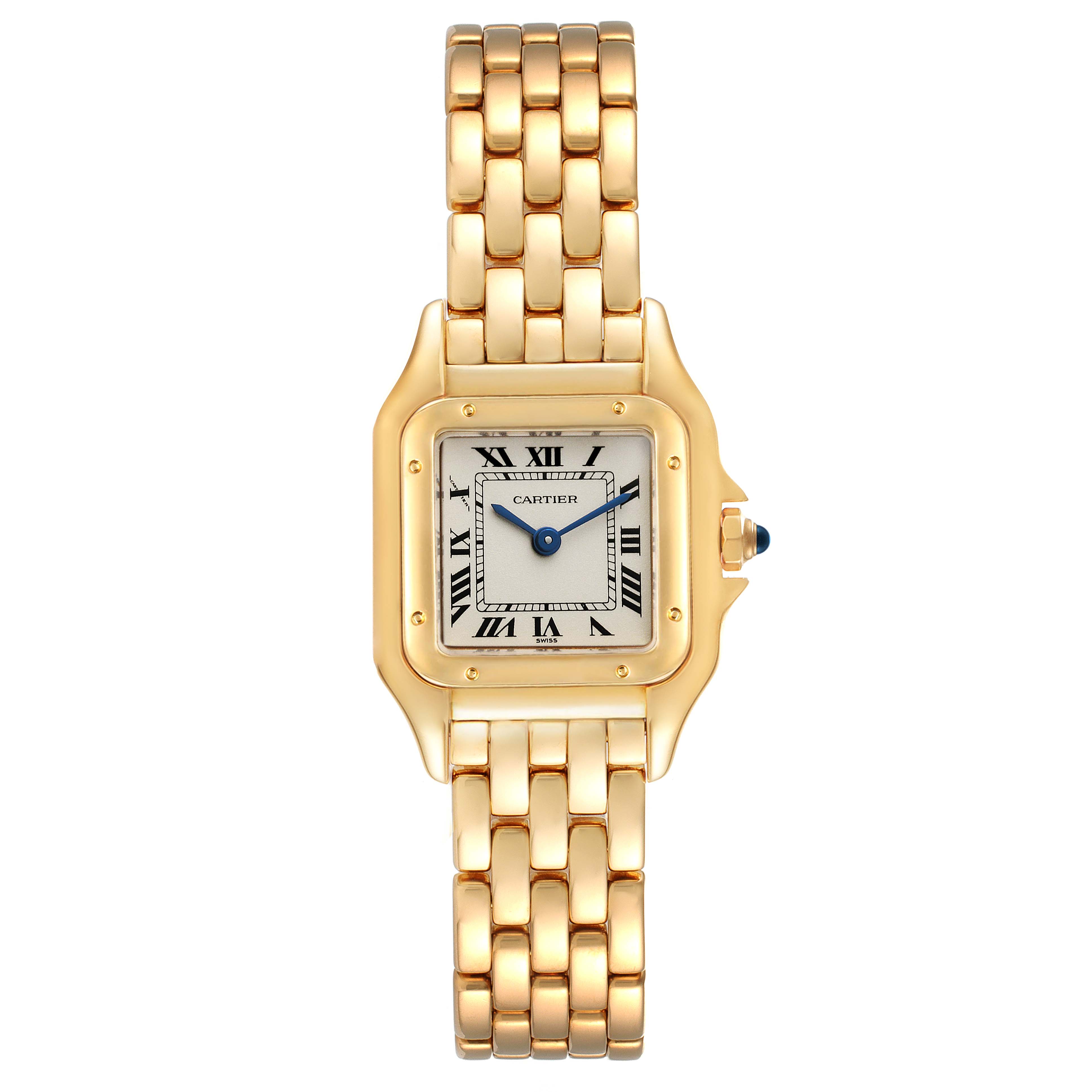 The image shows a gold Cartier Panthere W25022B9 Women's Yellow Gold Silver Dial W25022B9 Women's Yellow Gold Silver Dial watch, displaying its face, bezel, and bracelet in a front-facing angle.