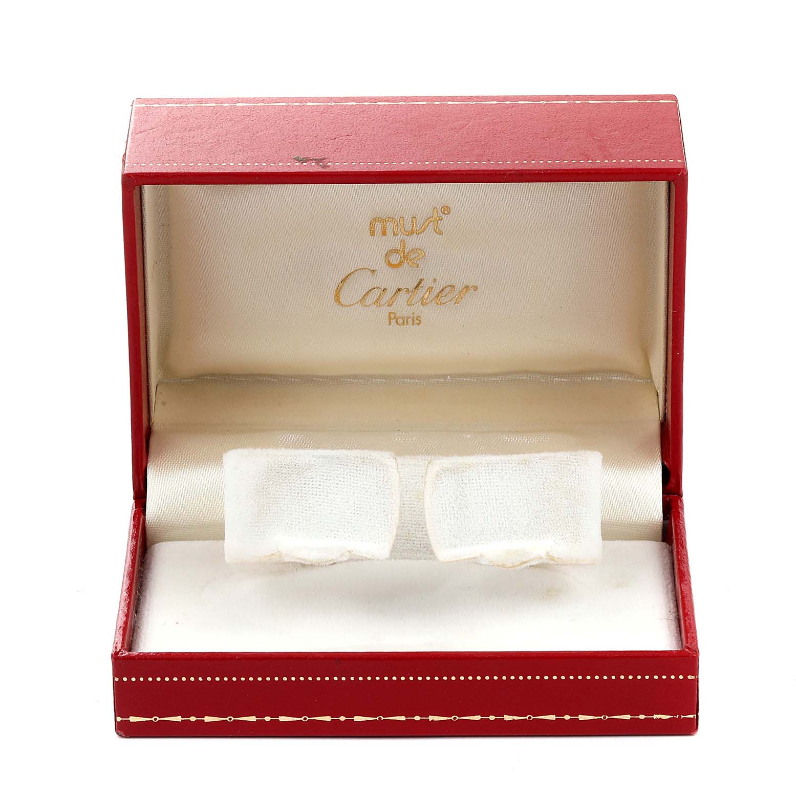 This image shows an empty Cartier Panthere W25022B9 Women's Yellow Gold Silver Dial W25022B9 Women's Yellow Gold Silver Dial watch box opened, displaying its interior.