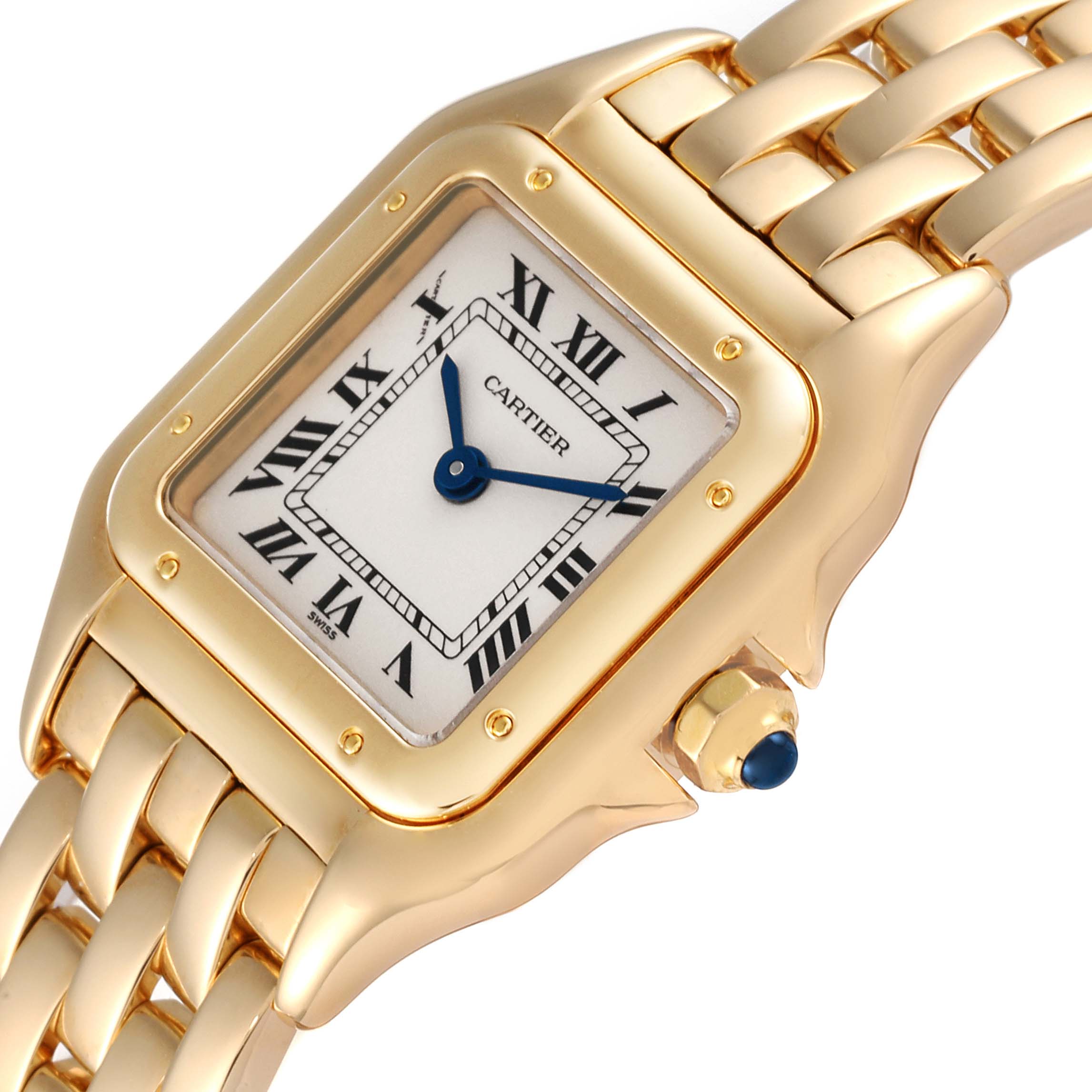 The image shows a close-up angled view of the Cartier Panthère watch face and part of its golden bracelet.