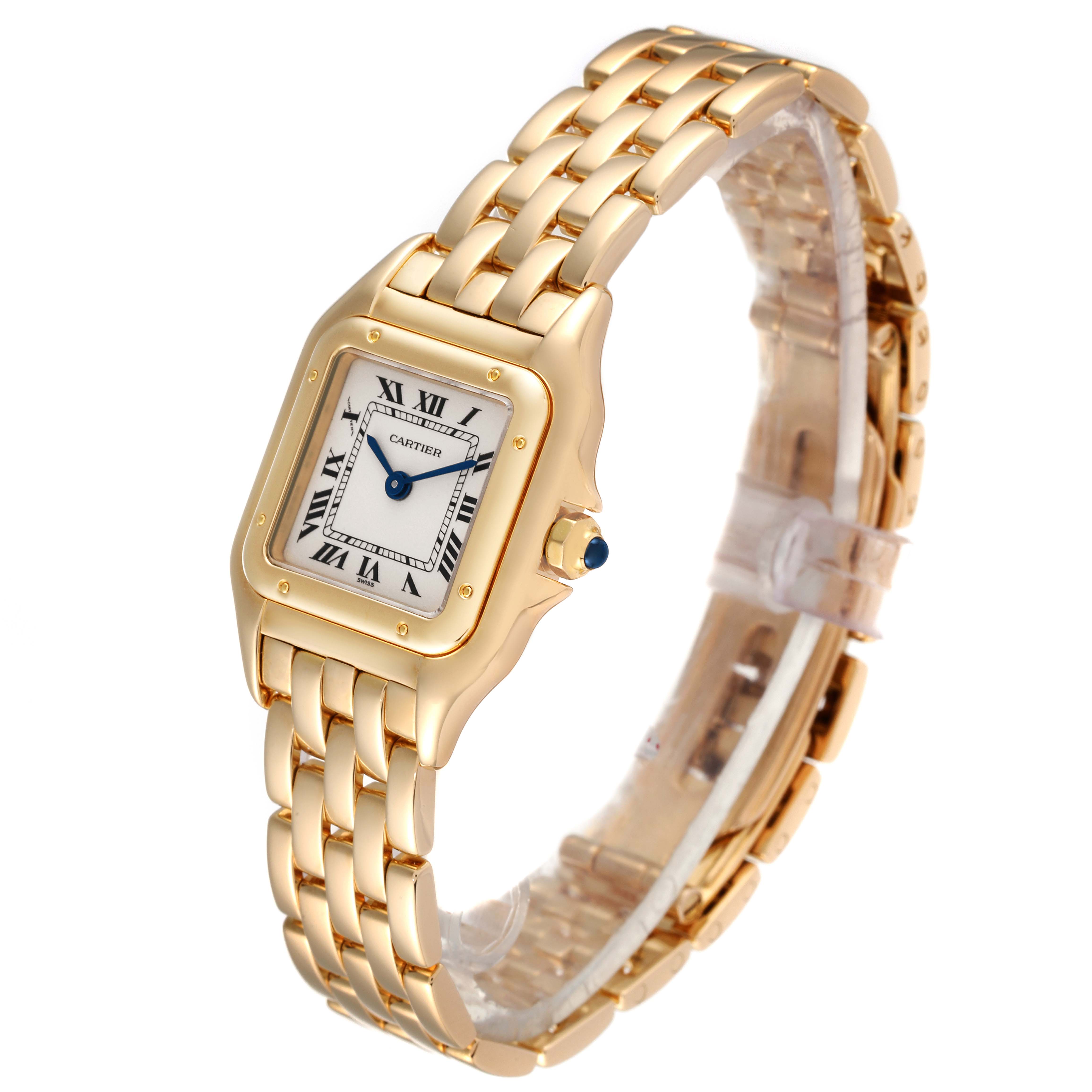 The Cartier Panthere W25022B9 Women's Yellow Gold Silver Dial W25022B9 Women's Yellow Gold Silver Dial watch is shown at an angled view, highlighting its gold bracelet, square face, and Roman numeral dial.