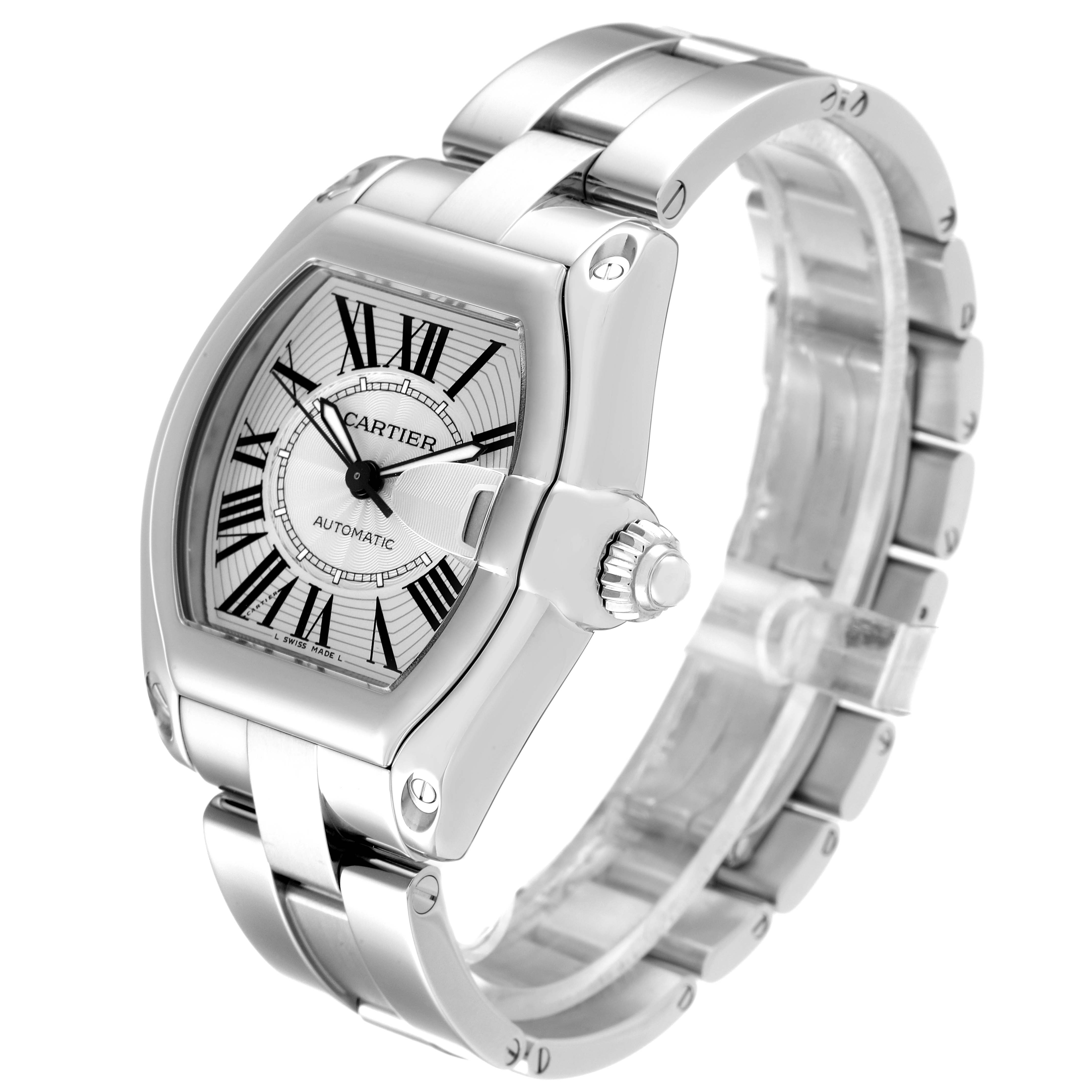 The Cartier Roadster W62025V3 Men's Stainless Steel Silver Dial W62025V3 Men's Stainless Steel Silver Dial watch is shown at a slight angle, displaying the face, bezel, crown, and part of the bracelet.