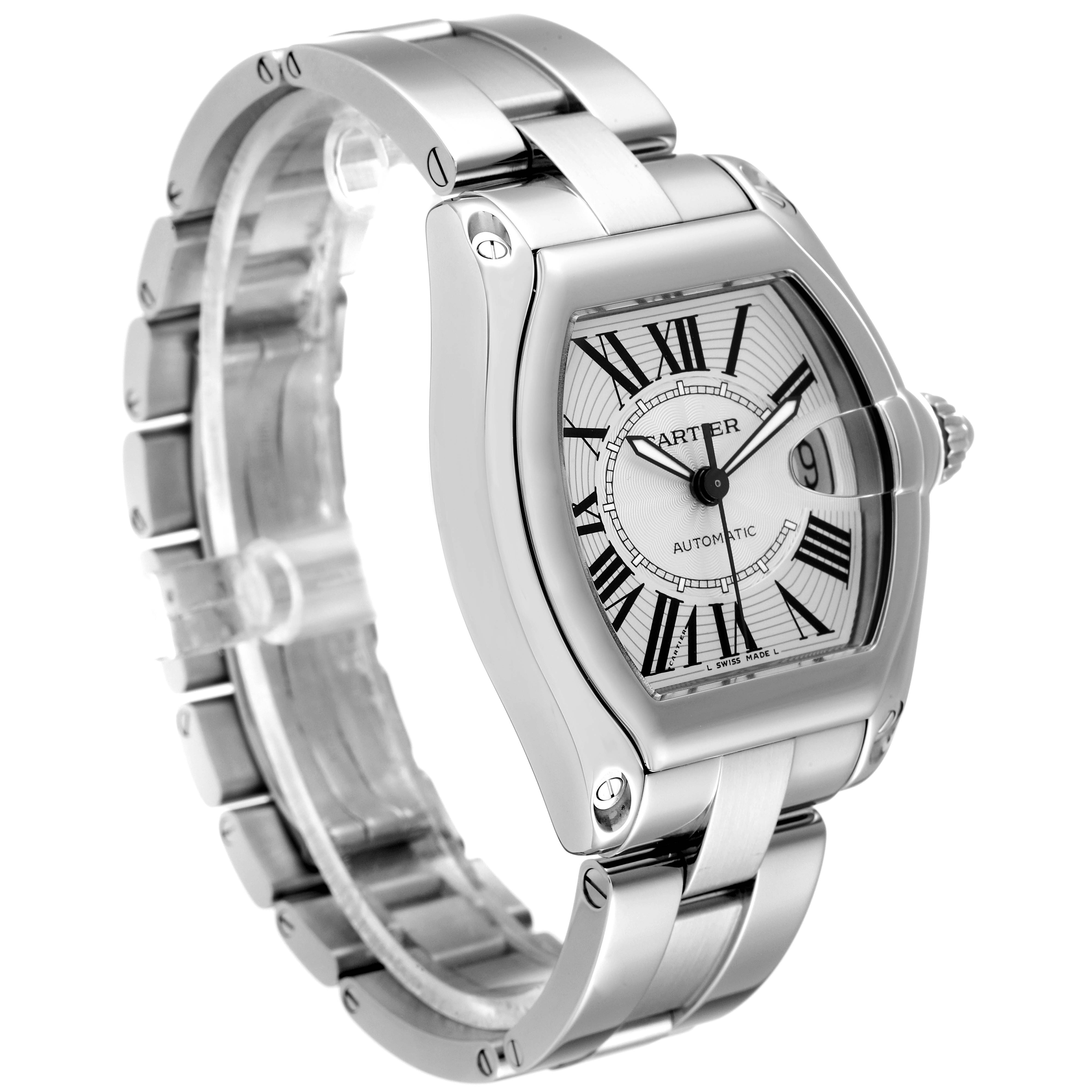 The image shows a Cartier Roadster W62025V3 Men's Stainless Steel Silver Dial W62025V3 Men's Stainless Steel Silver Dial watch at a slightly angled side view, highlighting the face, bezel, and stainless steel bracelet.