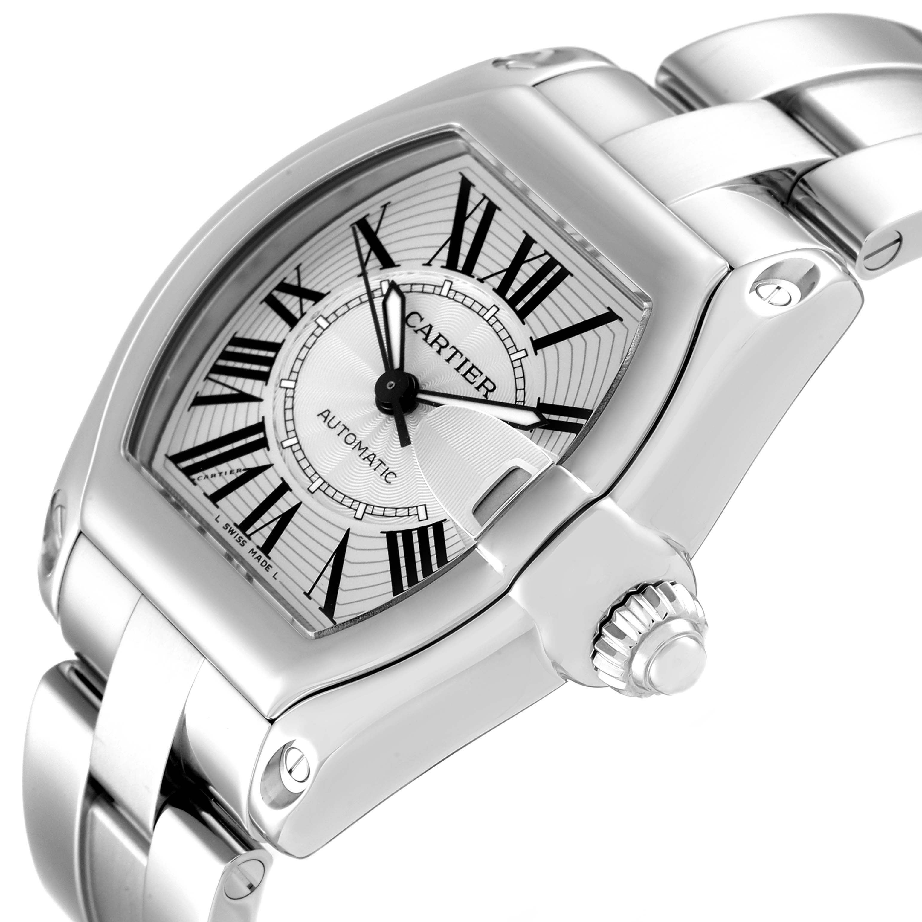 The Cartier Roadster W62025V3 Men's Stainless Steel Silver Dial W62025V3 Men's Stainless Steel Silver Dial watch is shown from a slight angle, highlighting the face, crown, and bracelet.