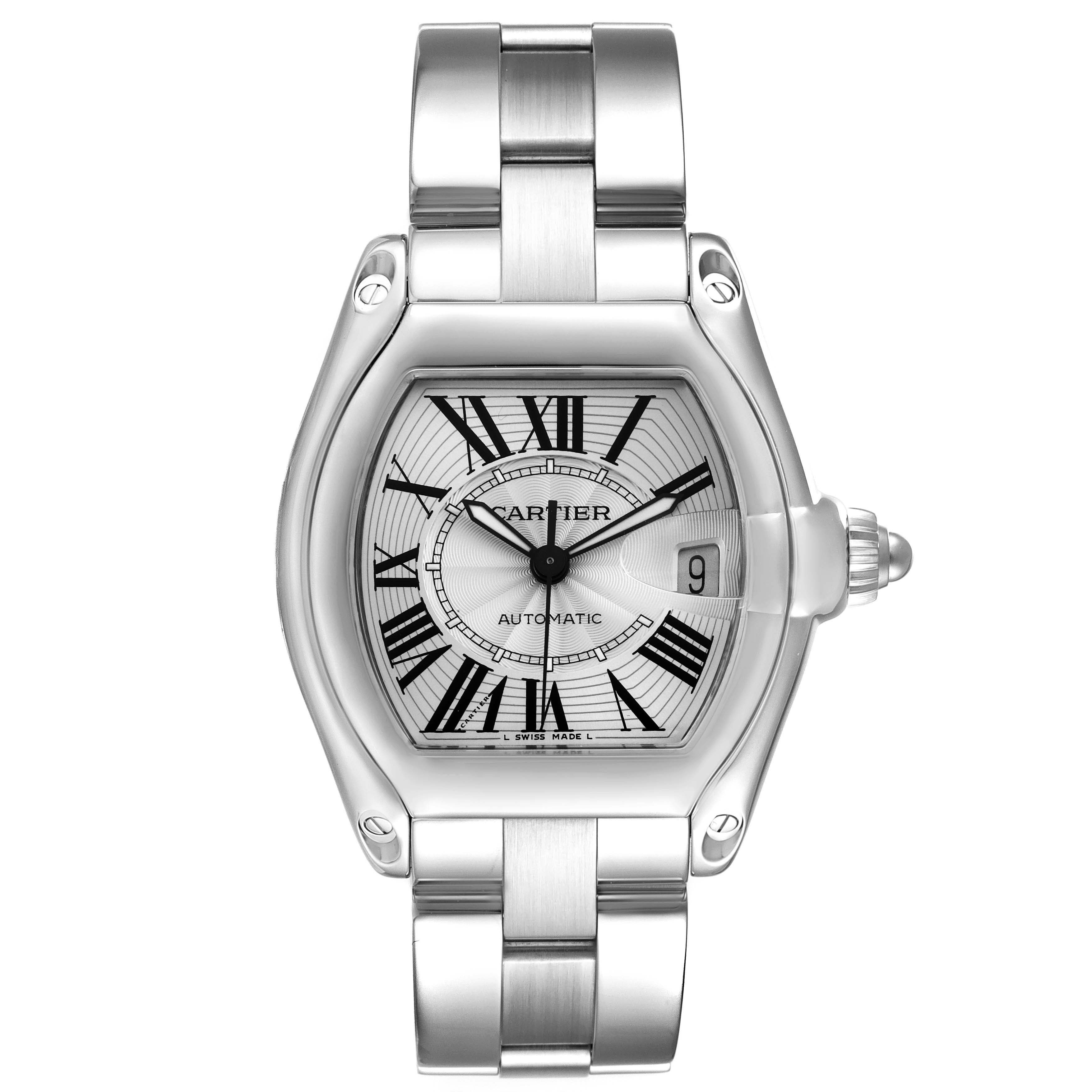 This image shows a front view of the Cartier Roadster W62025V3 Men's Stainless Steel Silver Dial W62025V3 Men's Stainless Steel Silver Dial model watch, highlighting its stainless steel case, bracelet, and dial.