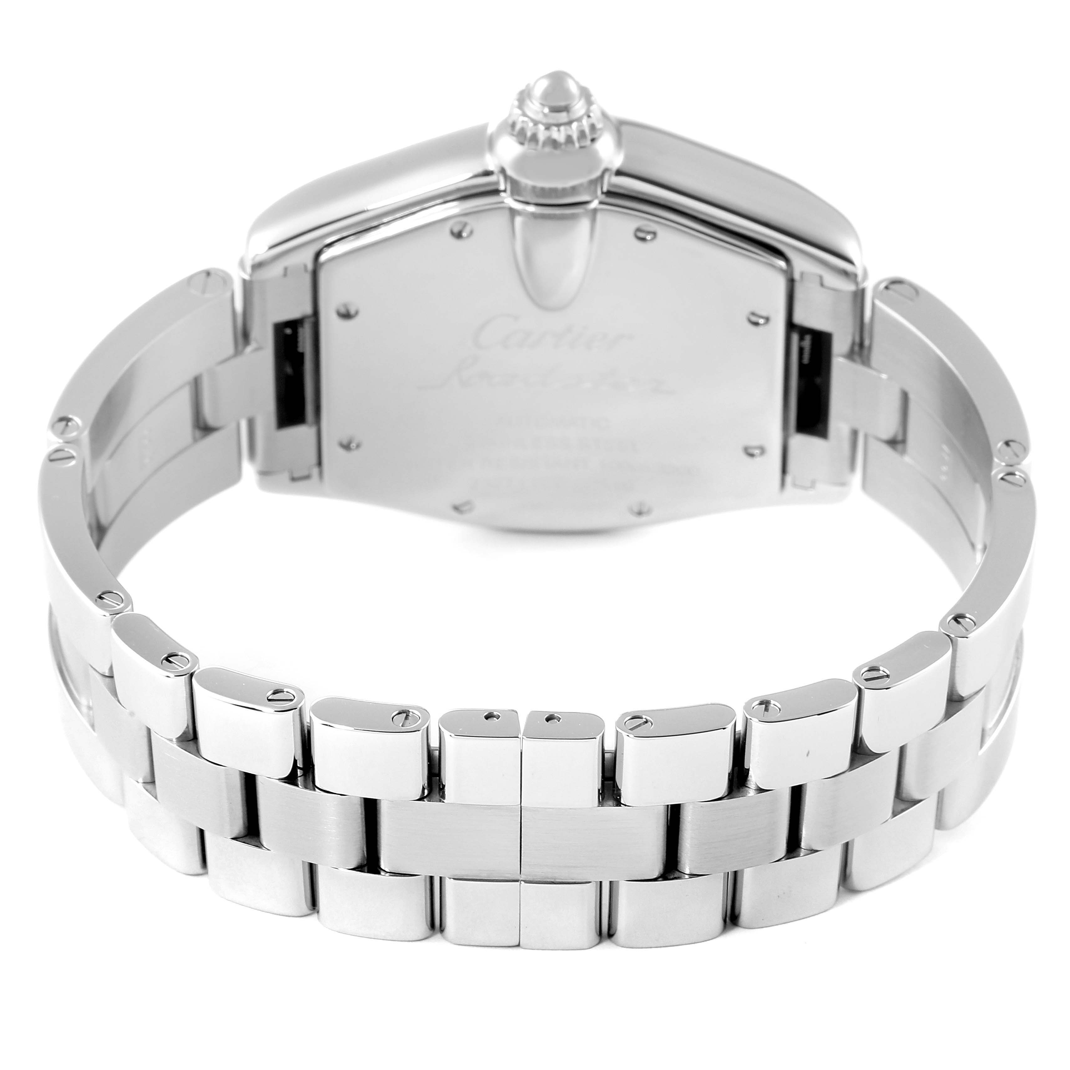 This image shows the back case and metal bracelet of a Cartier Roadster W62025V3 Men's Stainless Steel Silver Dial W62025V3 Men's Stainless Steel Silver Dial watch from a rear angle.