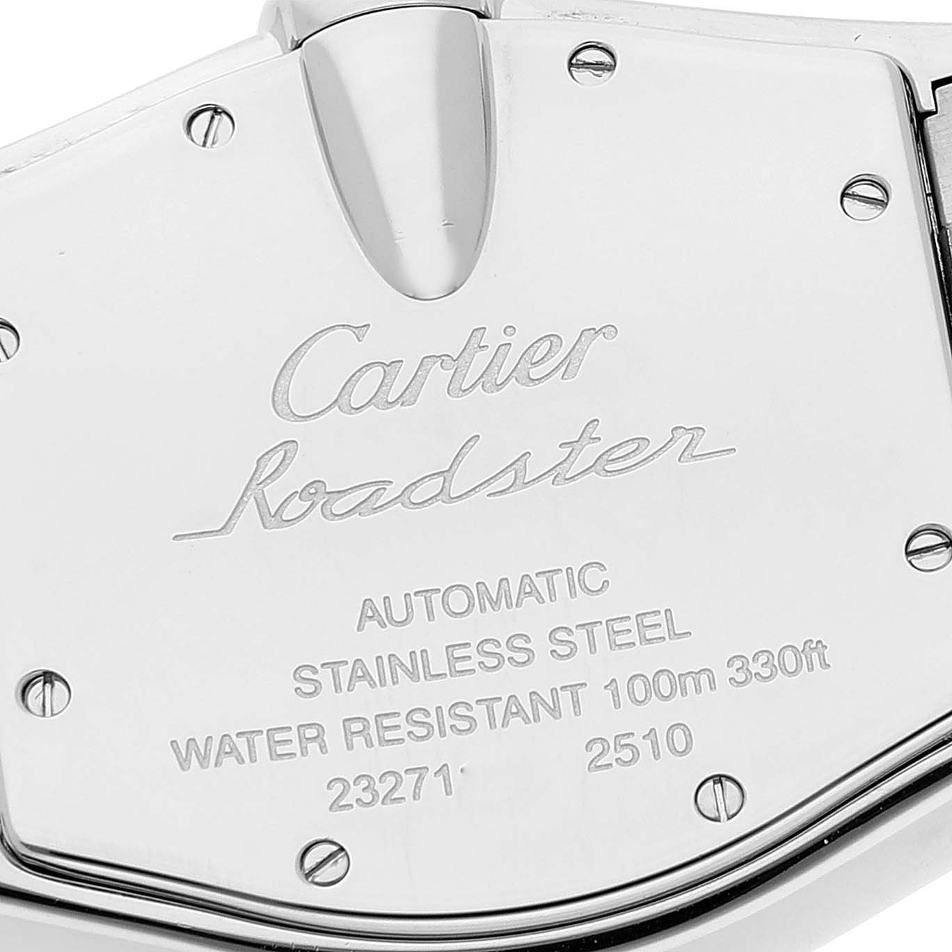 This image shows the back of a Cartier Roadster W62025V3 Men's Stainless Steel Silver Dial W62025V3 Men's Stainless Steel Silver Dial watch, highlighting the engraved details and screws.