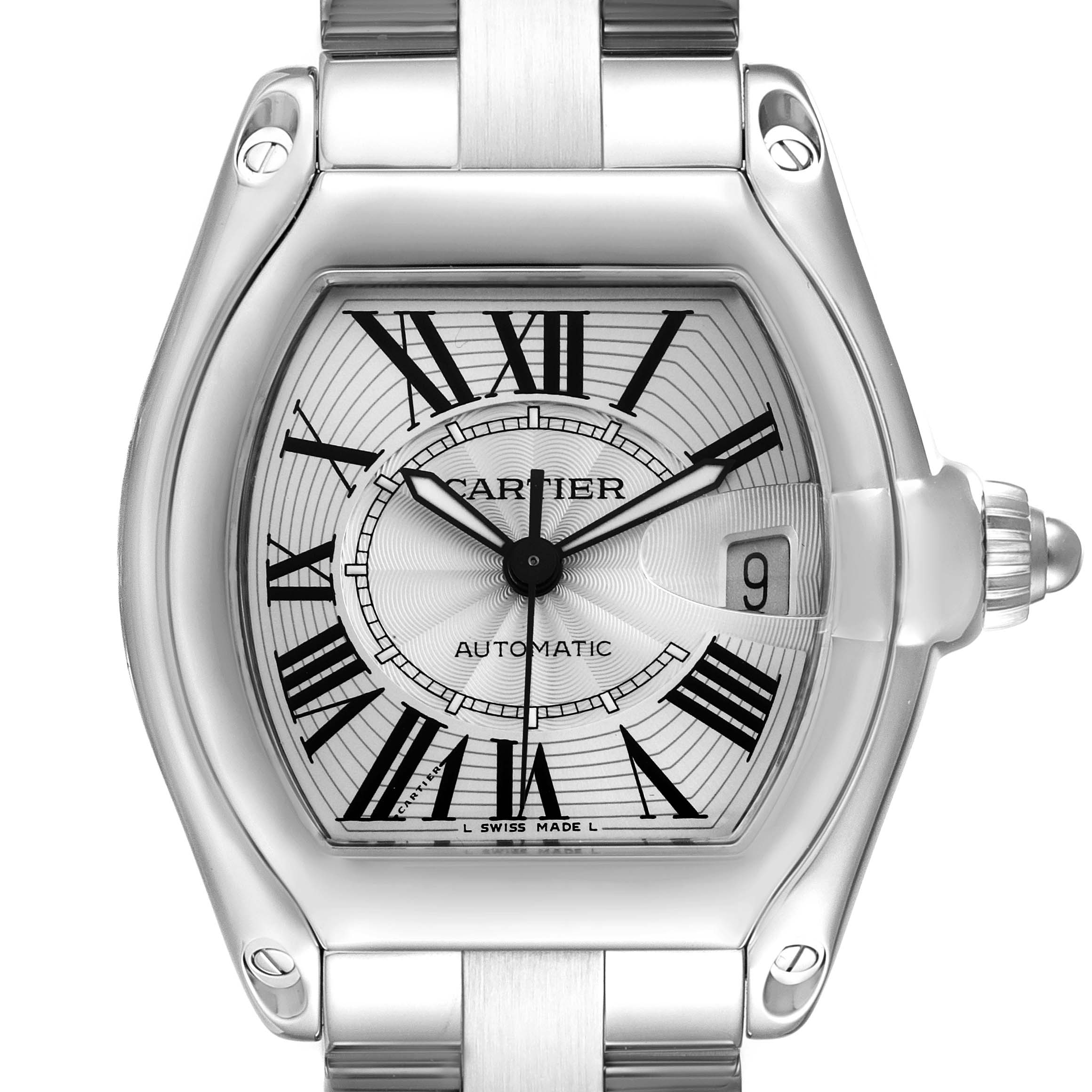 The image shows a close-up of the dial and bezel of the Cartier Roadster W62025V3 Men's Stainless Steel Silver Dial W62025V3 Men's Stainless Steel Silver Dial watch, highlighting the Roman numerals, date window, and automatic movement text.