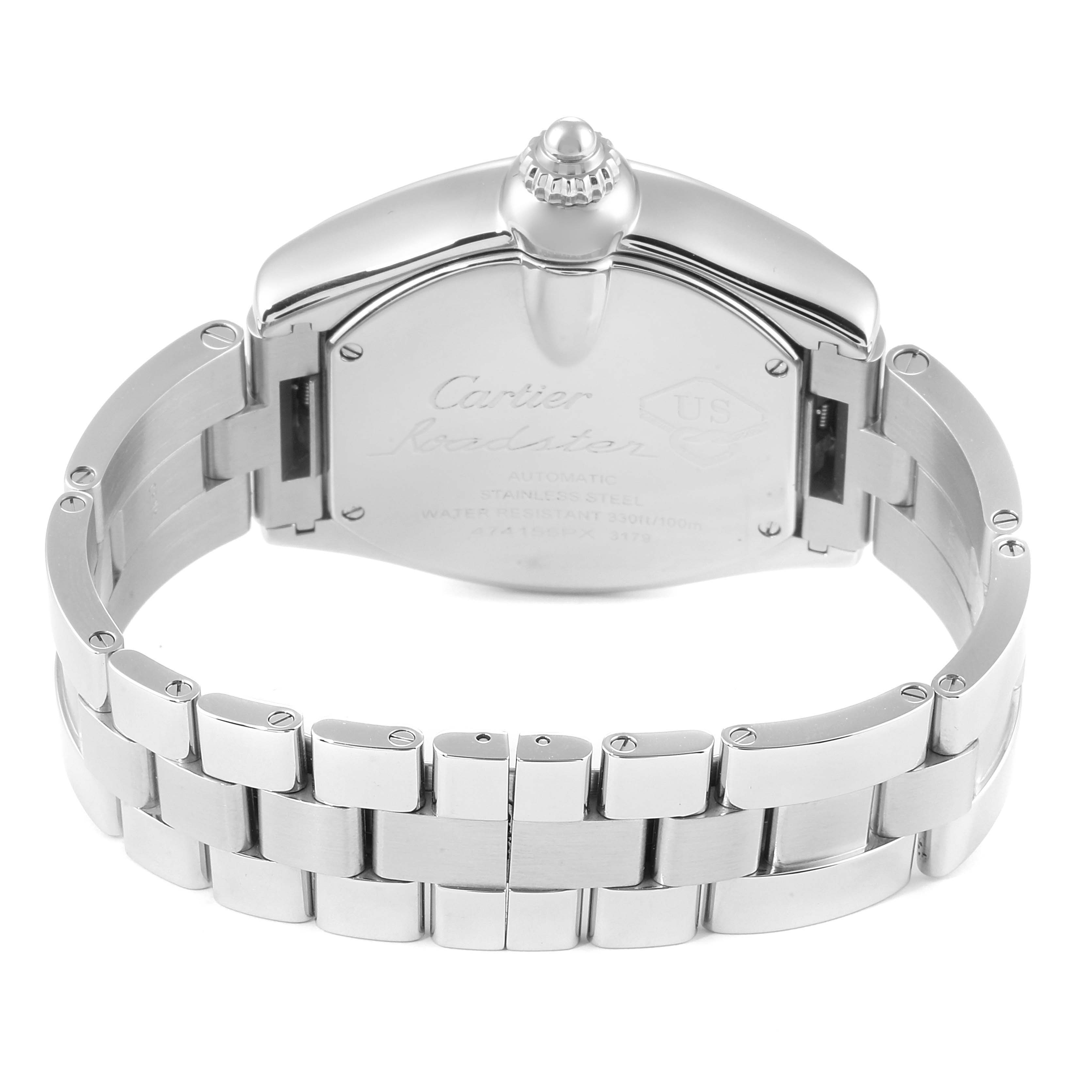 This image shows the back view of the Cartier Roadster W6206012 Men
s Stainless Steel Blue Dial W6206012 Men
s Stainless Steel Blue Dial watch, focusing on its stainless steel case and bracelet.