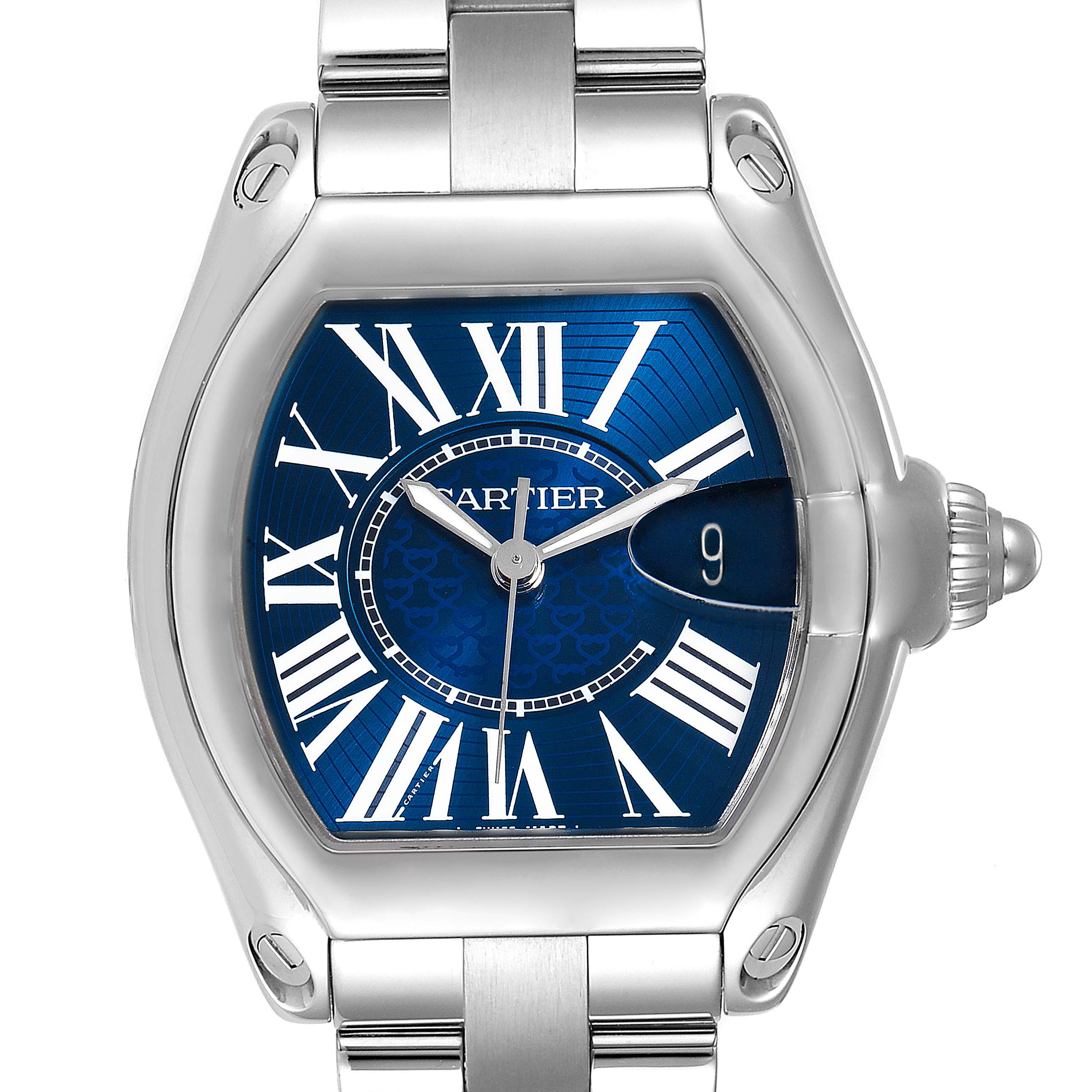 This image shows a frontal view of the Cartier Roadster W6206012 Men
s Stainless Steel Blue Dial W6206012 Men
s Stainless Steel Blue Dial watch, highlighting its blue dial, Roman numerals, and metal bracelet.