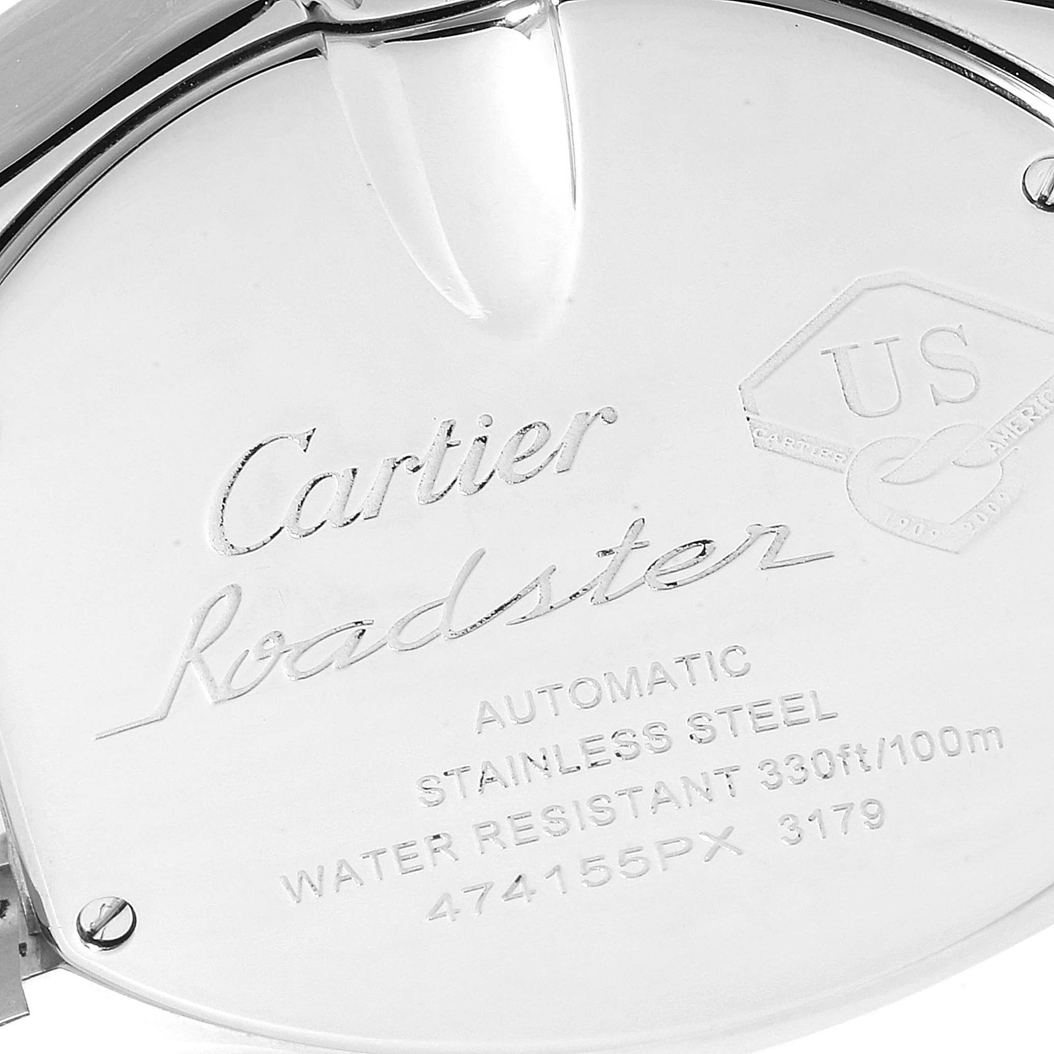This image shows the back case of a Cartier Roadster W6206012 Men
s Stainless Steel Blue Dial W6206012 Men
s Stainless Steel Blue Dial watch, displaying branding and specifications.