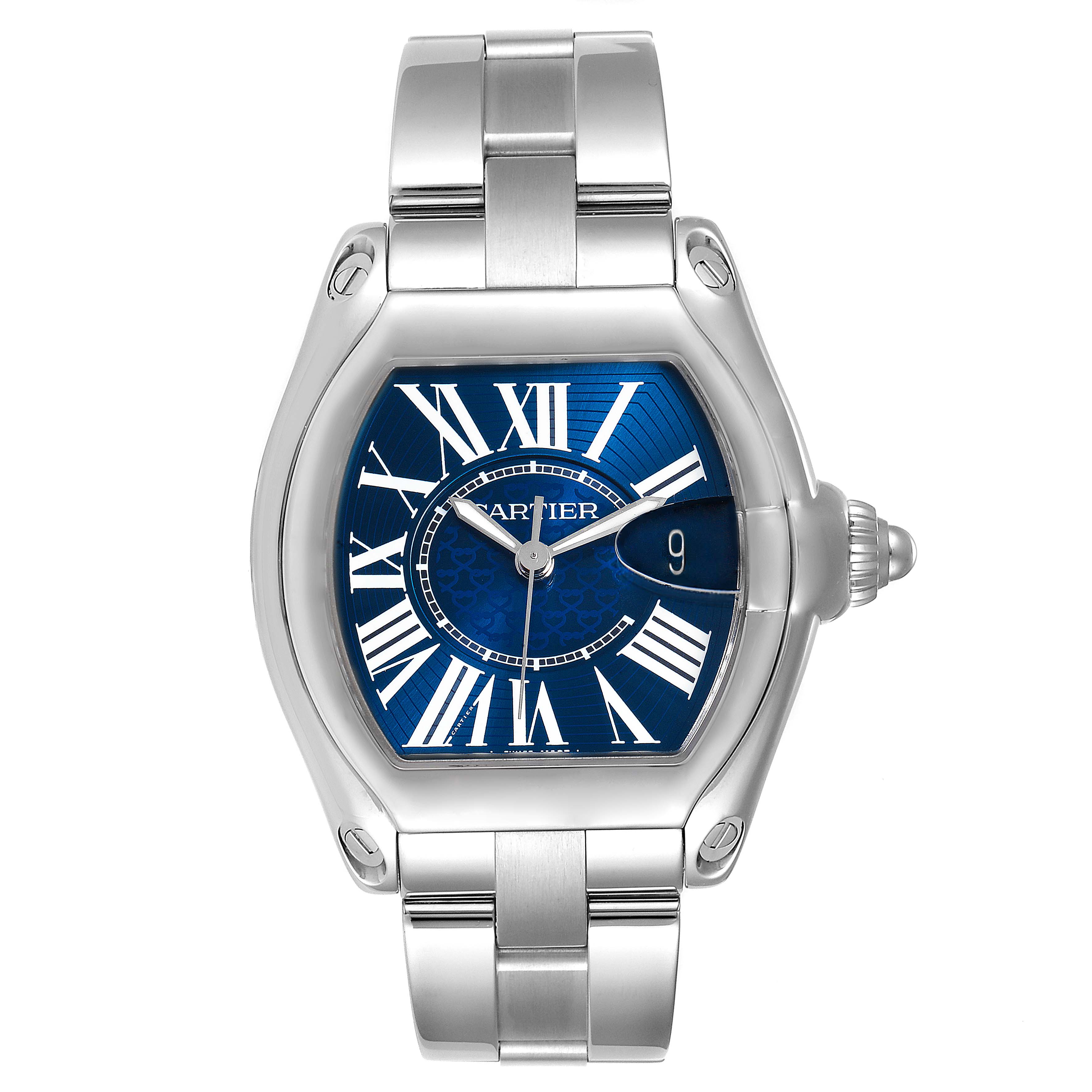 The image shows a full frontal view of the Cartier Roadster W6206012 Men
s Stainless Steel Blue Dial W6206012 Men
s Stainless Steel Blue Dial watch, highlighting its blue dial, Roman numerals, and stainless steel bracelet.