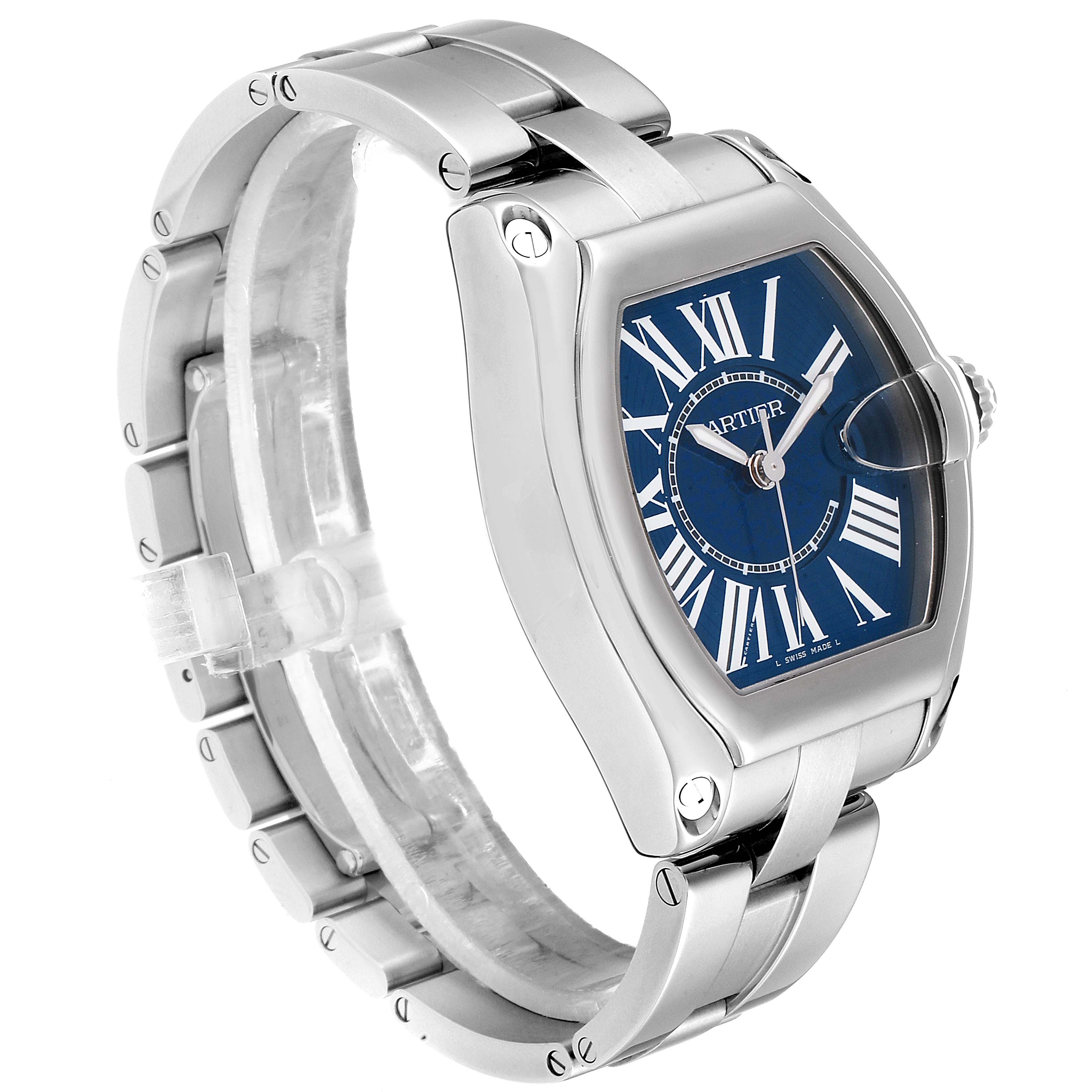 This image shows a side view of the Cartier Roadster W6206012 Men
s Stainless Steel Blue Dial W6206012 Men
s Stainless Steel Blue Dial watch, highlighting its face, bezel, bracelet, and crown.