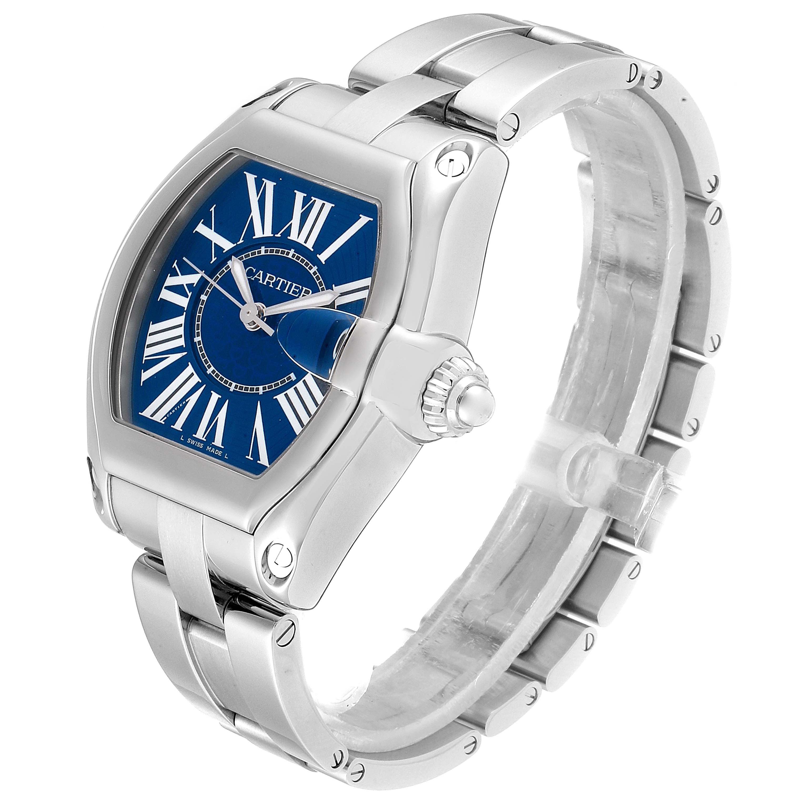This image features a Cartier Roadster W6206012 Men
s Stainless Steel Blue Dial W6206012 Men
s Stainless Steel Blue Dial watch in a three-quarter angle, showcasing its dial, case, bezel, crown, and bracelet.